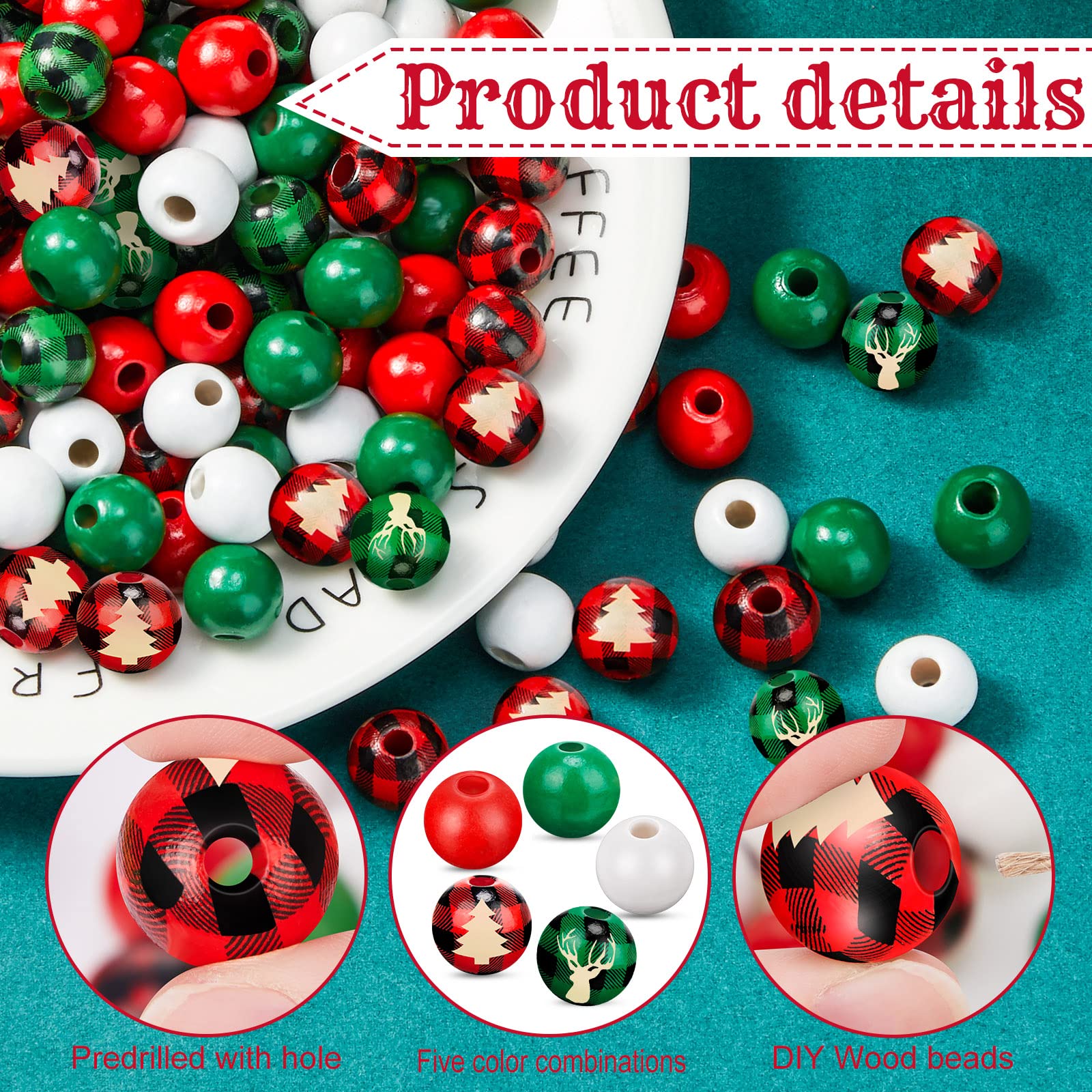 Lot de 1000 perles en bois de 12 mm pour loisirs créatifs, Noël, Thanksgiving, Halloween, fabrication de bijoux (rouge, vert, blanc, motifs multiples)