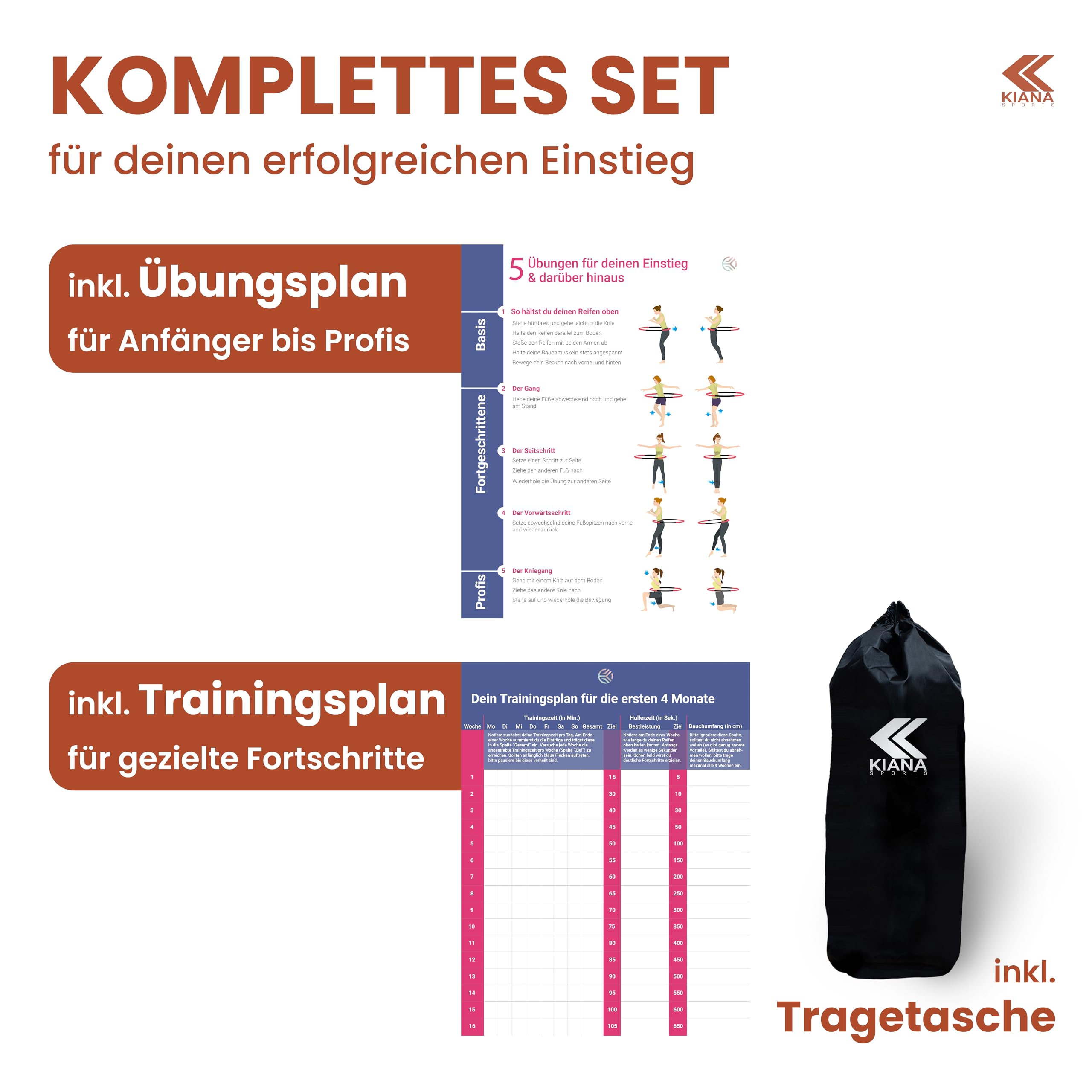 KIANA SPORTS Hula Hoop Reifen Erwachsene [1,2 kg] - Stabiler Hoola Hoop aus Deutscher Entwicklung - Fitnessreifen zum Abnehmen - Gymnastikreifen mit Wellen inkl. Tasche und Übungsplan