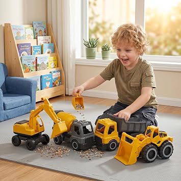 4pcs Construction Toys Set, Mini Excavator, Dump Truck, Bulldozer & Mixer, Yellow ABS Beach Toys for Boys