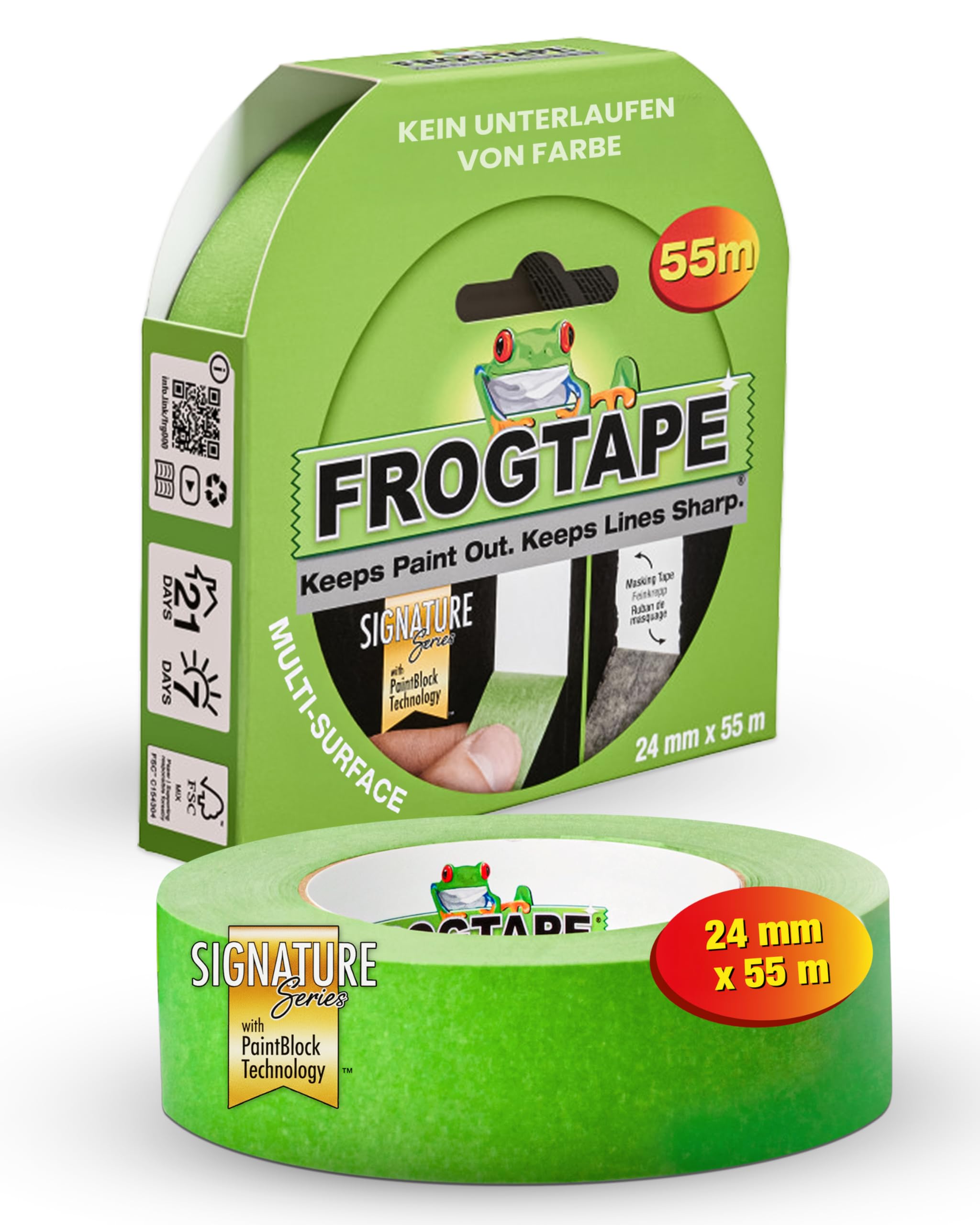 Frog Tape Multi Surface Malerband Grün 24mm x 55m – Premium Abklebeband für glatte Flächen – Malerkrepp mit PaintBlock Technologie für scharfe Kanten – Profi Tape für Holz Glas & Metall