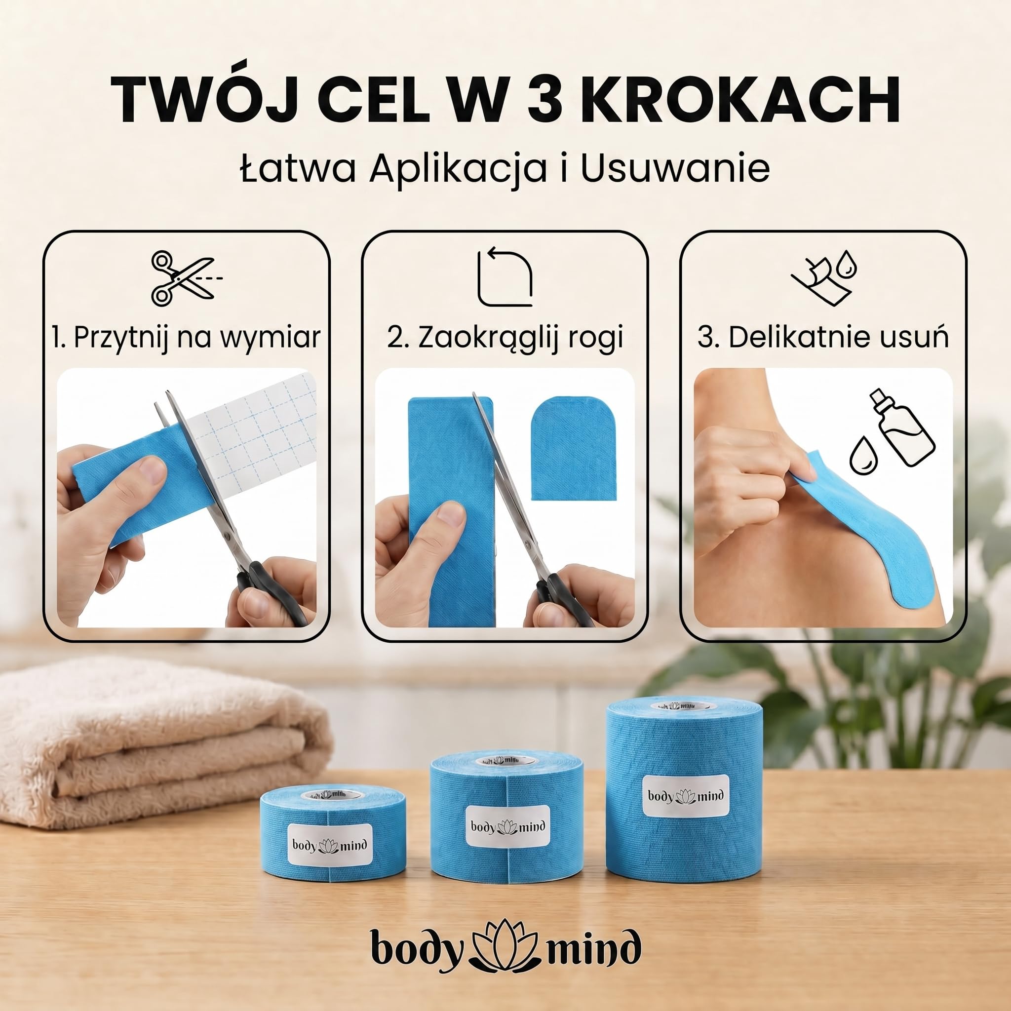 Body & Mind® Taśma Kinezjologiczna 5 m – 2,5/5/10 cm, Hipoalergiczna | Wodoodporna taśma kinesio do kolana, barku i pleców – 6 kolorów, rozciągliwość do 140%