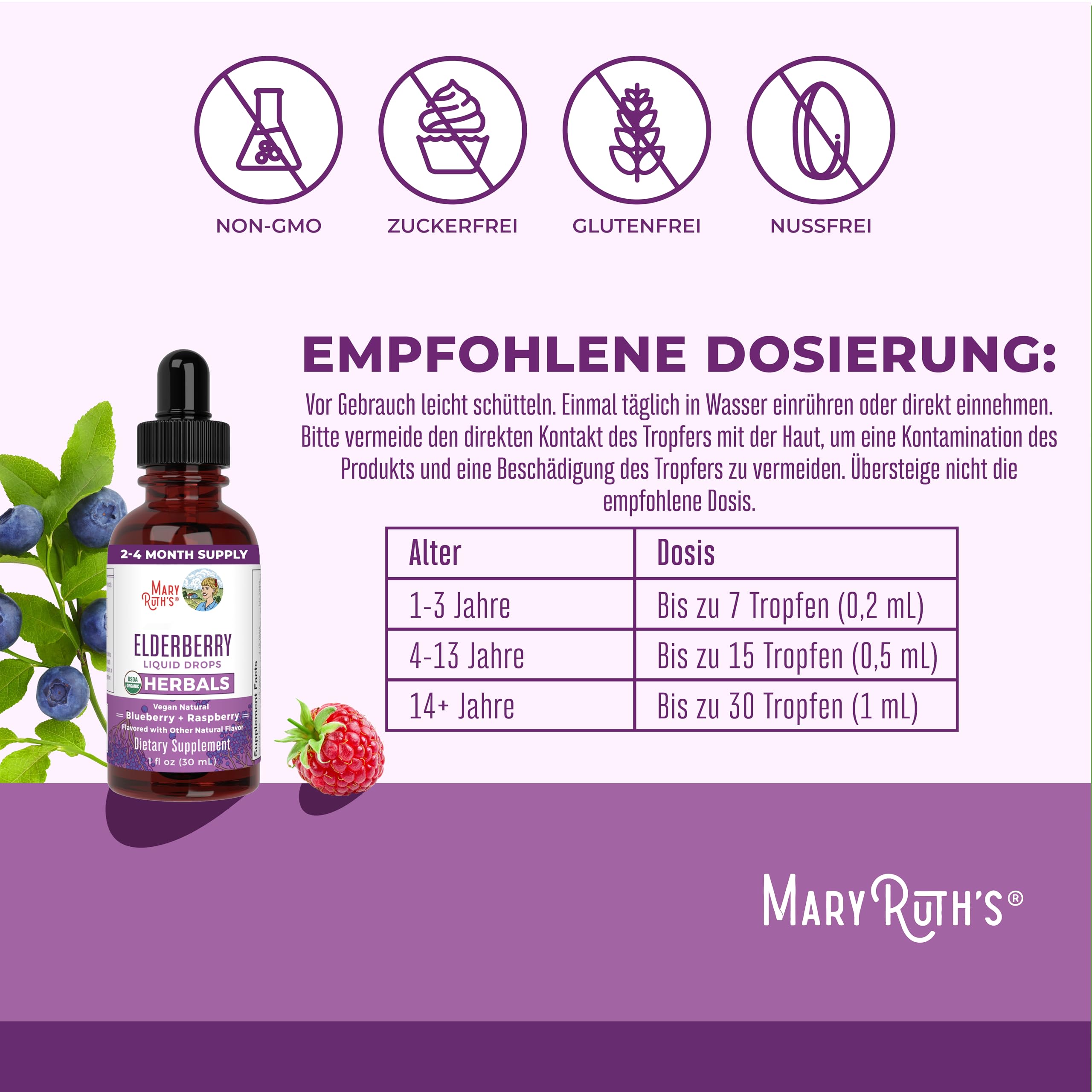 MaryRuth's, Elderberry Drops, 30ml, 150mg Holunder-Extrakt je Dosis, Holunder-Blaubeergeschmack, Vegan, Glutenfrei, Sojafrei, GMO frei