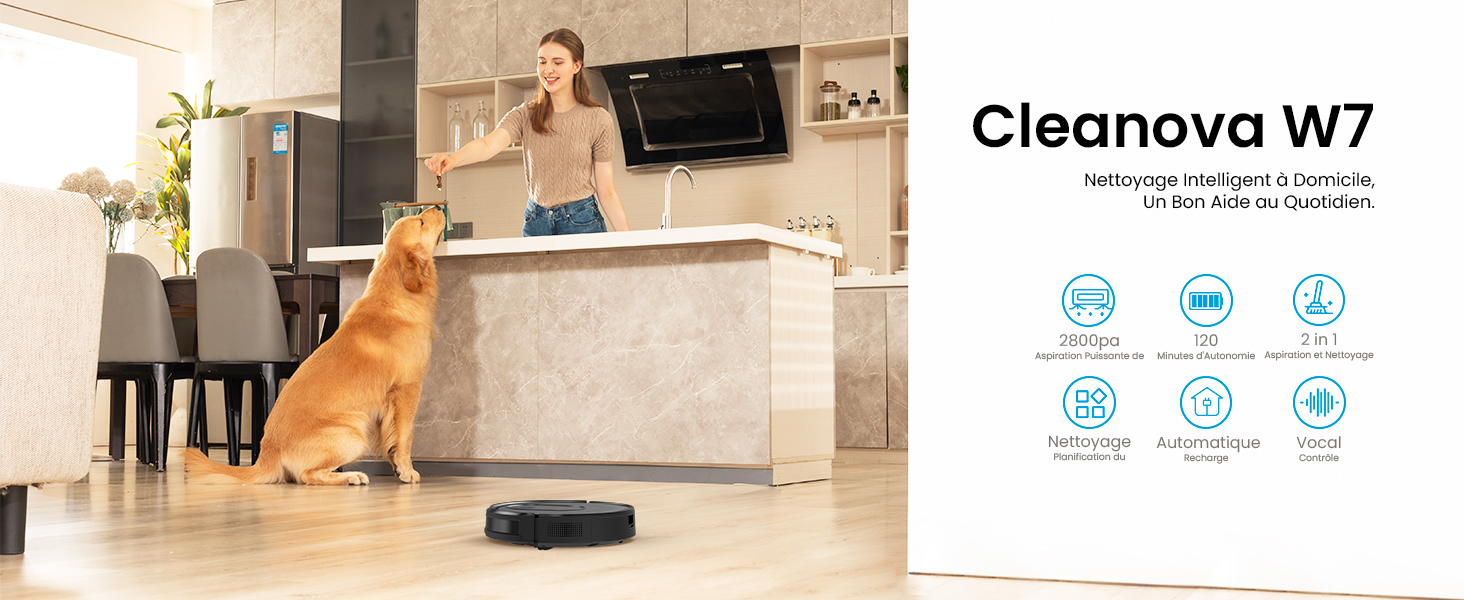 Contrôle App Alexa Poils Animaux Robot Aspirateur Et Laveur Vexilar W7 - 3 En 1, Aspiration 4000Pa, Autonomie 120 Min, Contrôle Par App/Alexa, Idéal Poils D'Animaux