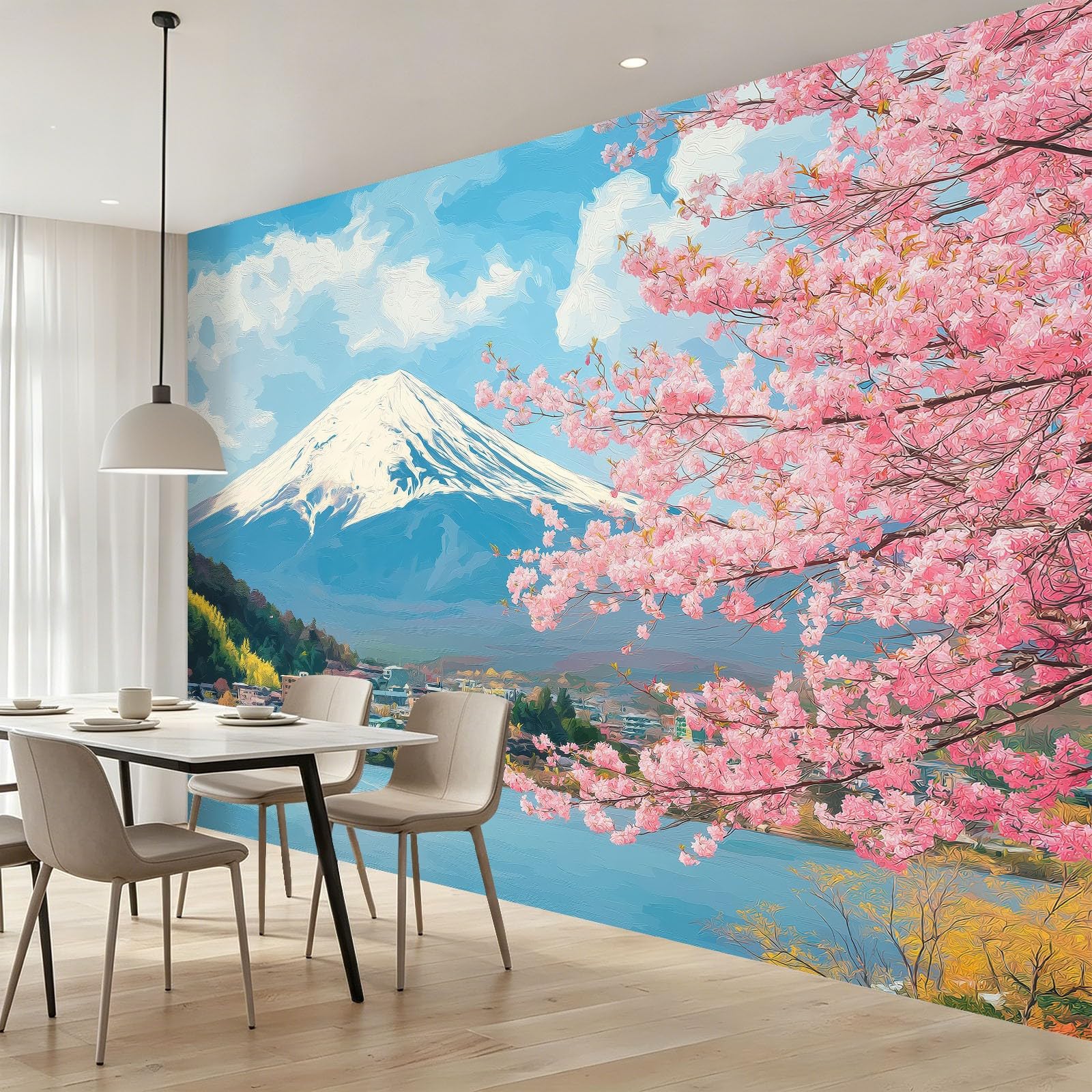 Panoramiczna tapeta 3D Góra Fuji Wiśnia Tradycyjna roślina Plakat, 400 x 280 cm (szer. x wys.) Tapeta z włókniny do salonu dziecięcego Sofa TV dekoracja tła, niebieski różowy