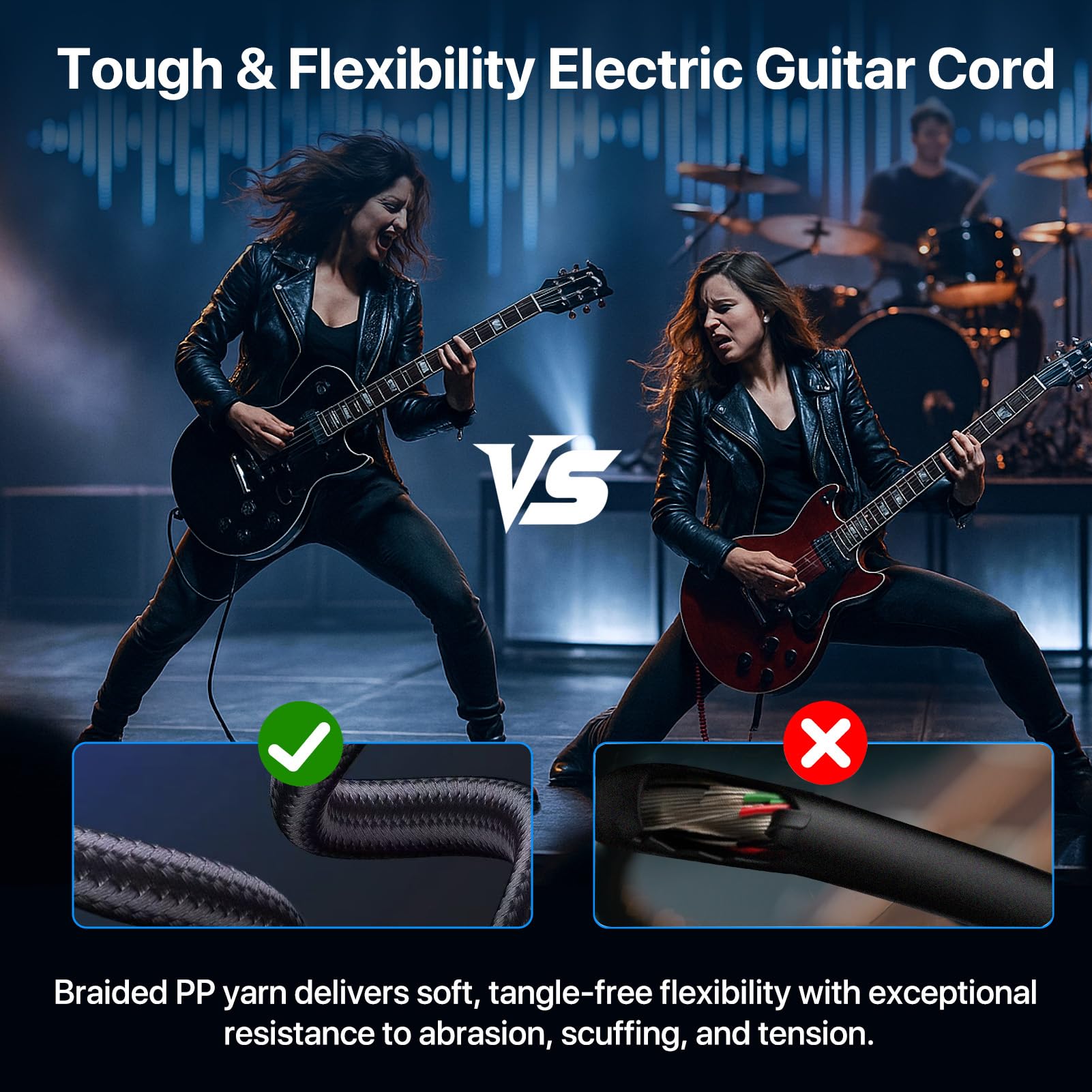 Gitarren-Patchkabel für Gitarreneffekt, geräuschloses Kabel, rechtwinklig, 0,6 cm TS auf 0,6 cm TS auf 0,6 cm TS schwarz-blaue Stoffummantelung