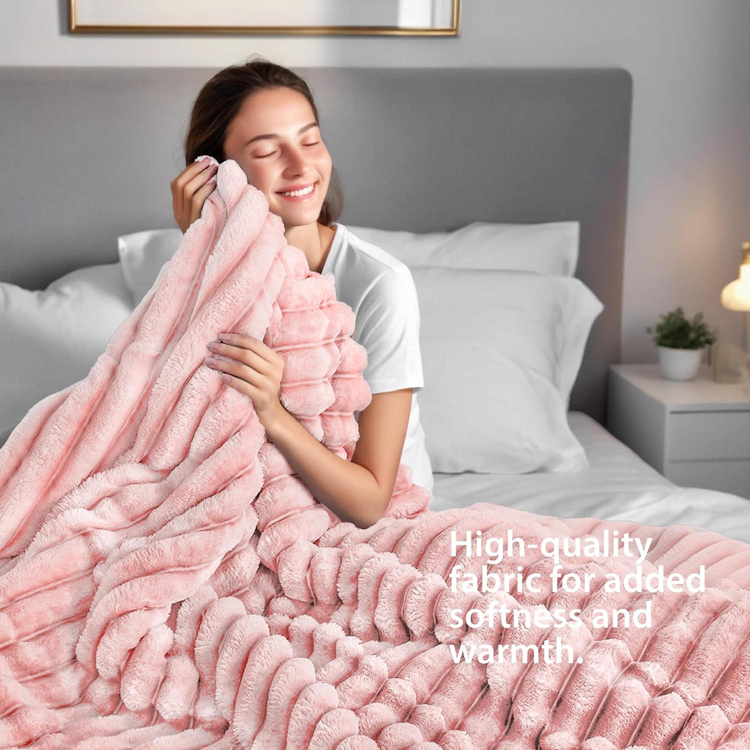 Cuddly Ribbed Fluffy Comforter Set Queen Size, Super-Soft Plush Fleece Bedding Set, Warm Fuzzy Comforter with Matching Shams, All-Season Cozy 3-Piece Bed Set, Blush Pink