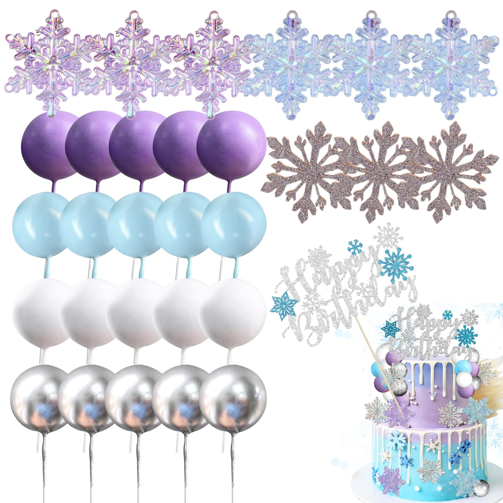 Frozen Cake Toppers, Elsa Cake Decorations, Snowflake Cake Decorations, Princess Cake Toppers, 28-Piece Set for Birthday Celebrations, Multiple Colours and Sizes