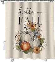 Vista 13 de Cortina de ducha a cuadros de búfalo negro calabaza para baño, cortinas de baño con girasoles y ardillas con ganchos, tela de poliéster impermeable