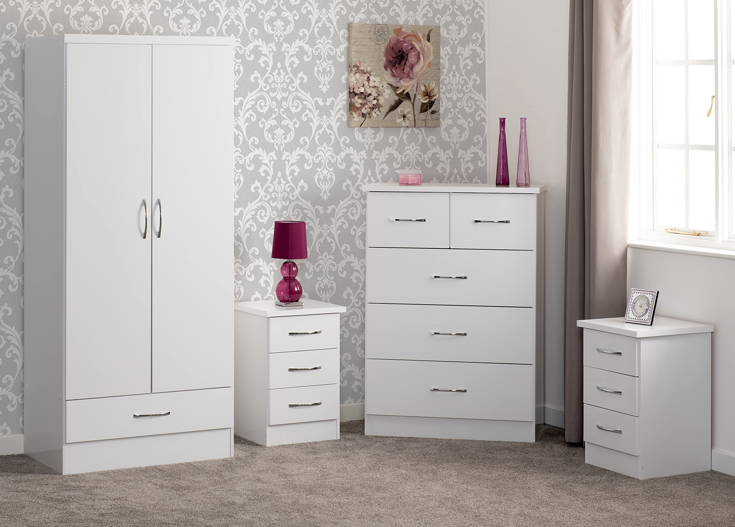 Seconique Nevada 2 Door 1 Drawer Wardrobe Bedroom Set - White Gloss, White - Composite Board