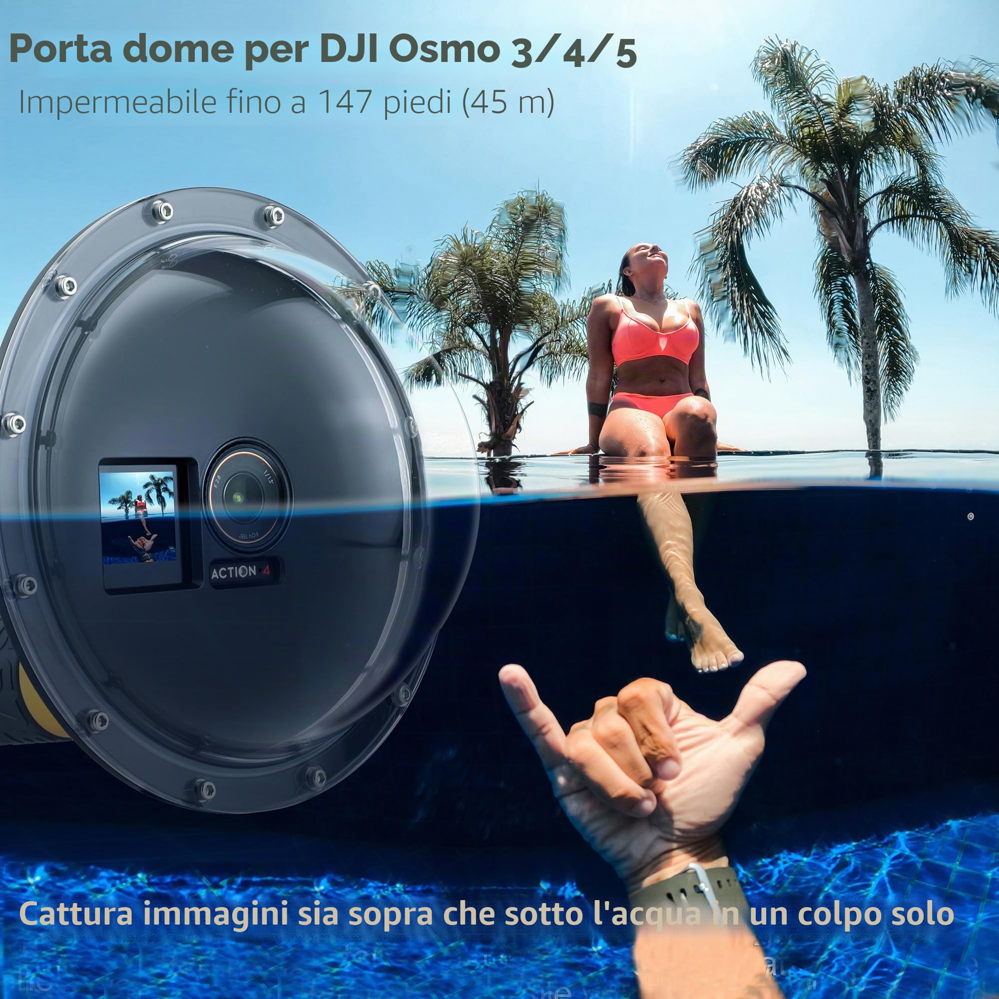 SOONSUN Porta a cupola per fotocamera DJI Osmo Action 3/4/5, 4,5 m, subacquea, snorkeling subacqueo, con custodia impermeabile, impugnatura galleggiante per fotocamera DJI Osmo Action 3 4 5