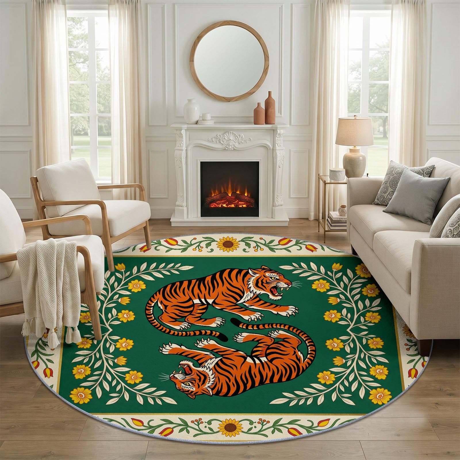 Ethnique Traditionnel Grand Tapis Rond à Motif Tigre Fleurs Feuilles Plantes pour Salon Chambre à Coucher Salle de Bain Couloir décoration, Lavable en Machine Pile Courte et Douce, Vert, 120 cm