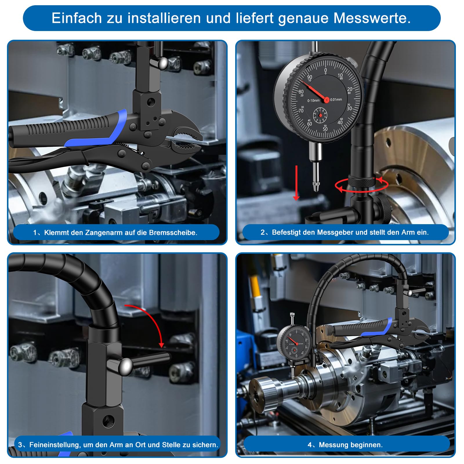 Jauge de rotor de frein à disque avec jauge de 0 à 10 mm (résolution de 0,01 mm), testeur de résistance aux chocs des disques de frein de voiture, étau de serrage avec bras flexible à 360°