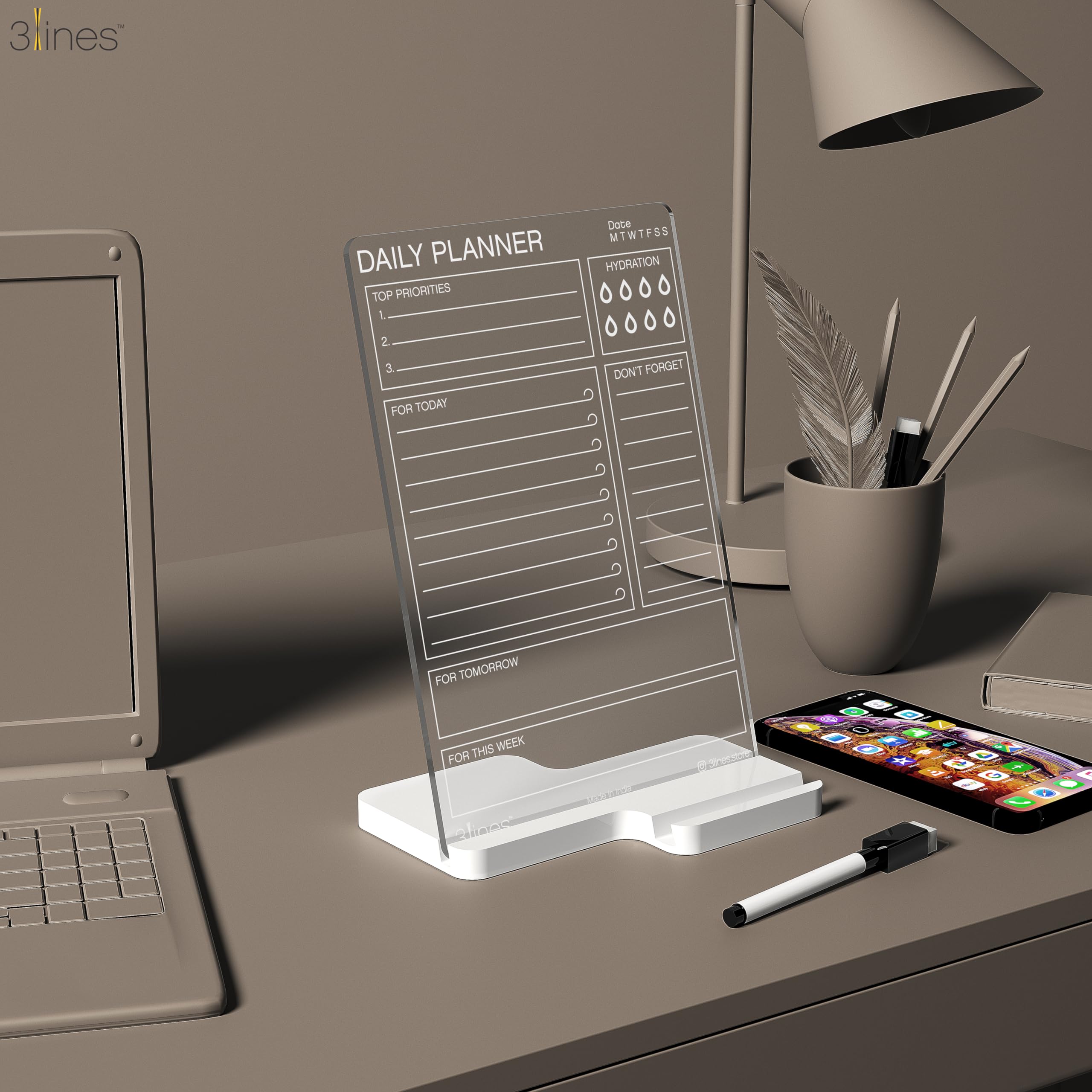3 Lines Clarity+ 'Daily Planner Top Priorities' Acrylic Board for Desk (24x16 CM)| Best Planner & Organizer | White Acrylic Base With Slot for Phone| With 2 Markers & Cleaning Fabric |Regular Size 3
