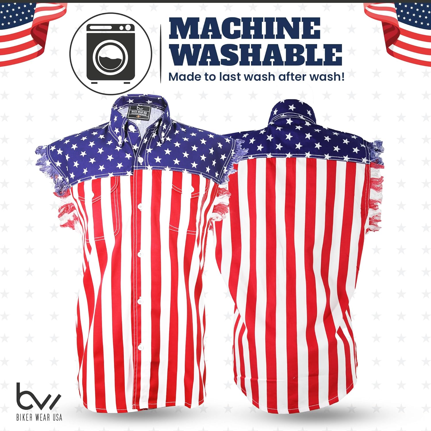 USA Flag Sleeveless Denim Cutoff Shirt - 100% Cotton Pre-Washed Denim Shirt with Stars and Stripes S to 5XL - Image 5