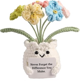 YOOJEE Handmade Forget-Me-Not Crochet Potted Flower Plant - Stable Base, Thoughtful Appreciation Gift with Card