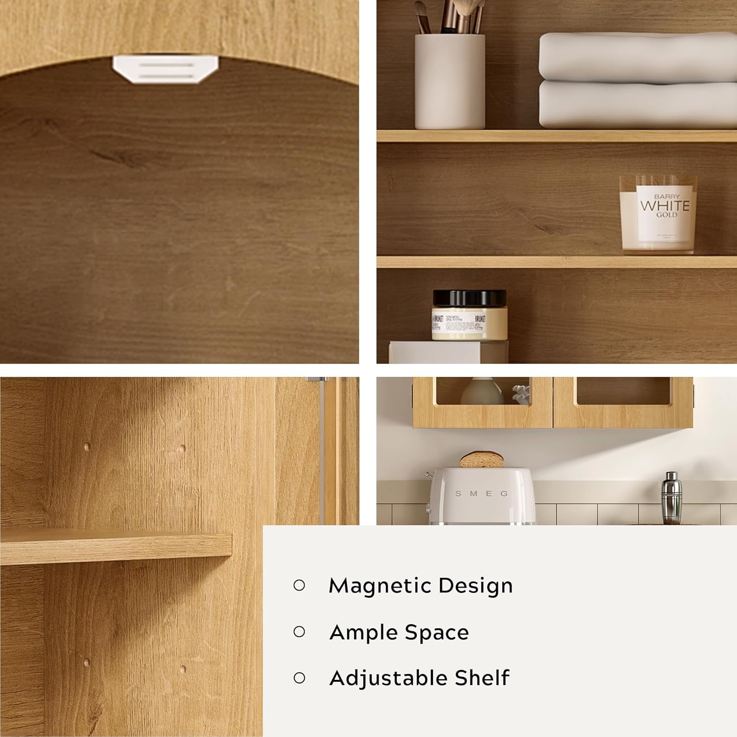 Arched Bathroom Wall Cabinet Over Toilet 23.6" Wide Medicine Cabinet with Adjustable Shelves Wall Mounted Wood Storage Cabinet for Bathroom, Laundry Room, Kitchen, Natural Oak