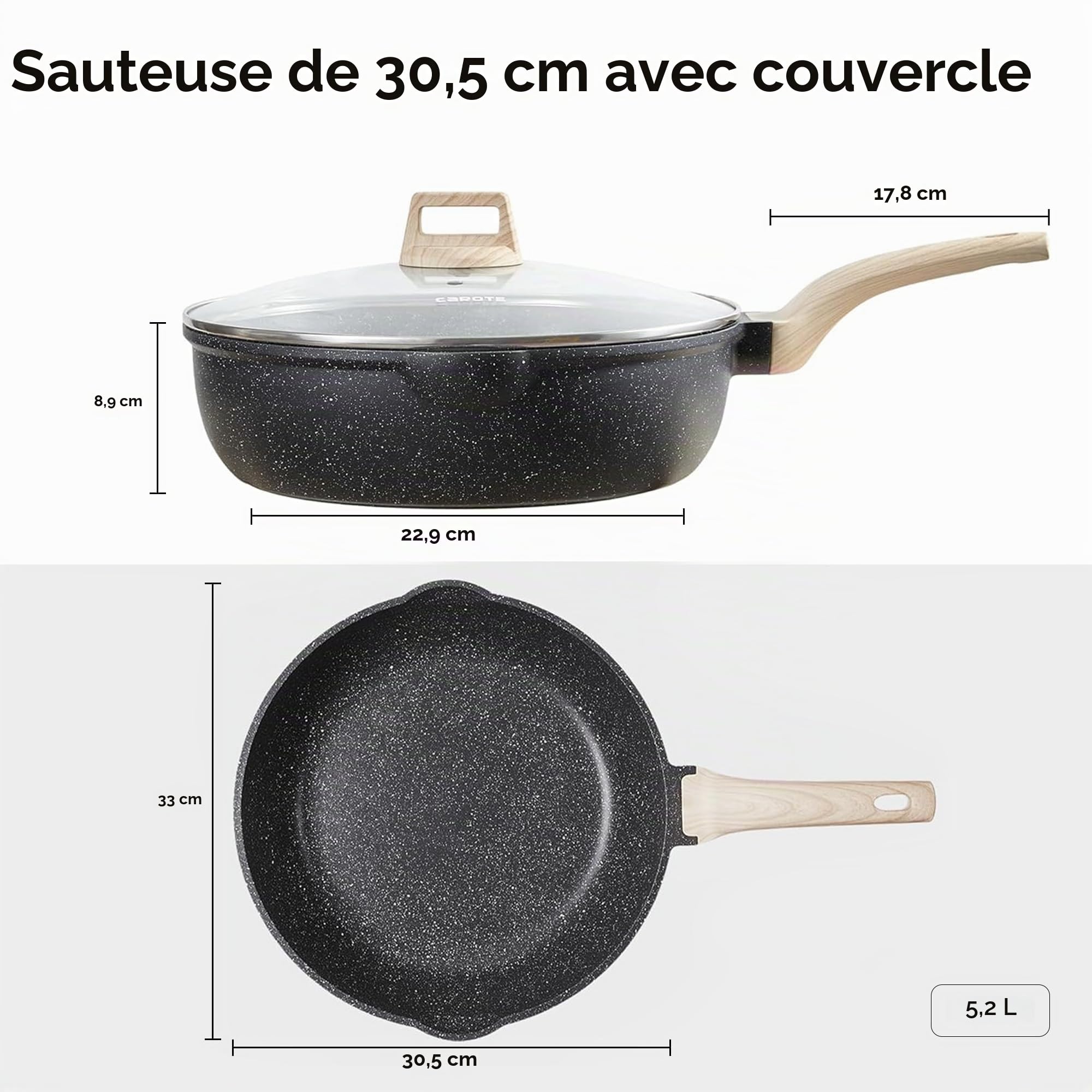 CAROTE Sauteuse 32cm avec Couvercle, Poele Revêtement Antiadhésif Pour Tous Feux Dont Induction, Sans PFOA, Wok Pour La Cuisine Quotidienne