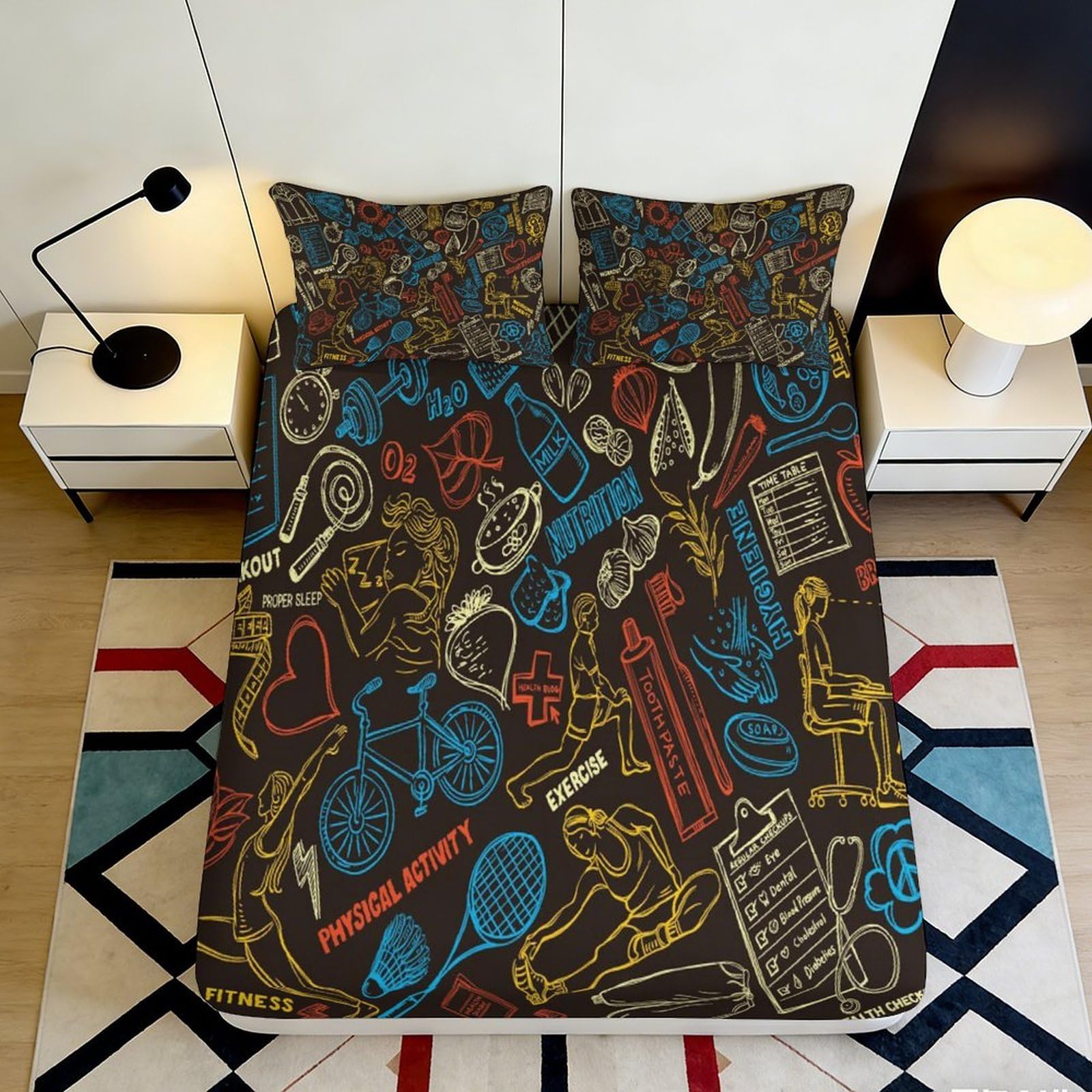 Uxinyoume Style-7 3D Printed Graffiti Art Fitted Sheet Microfiber Soft Breathable Cartoon Instruments Bed Sheet For Bedroom Dorm Decor 90X200x25cm