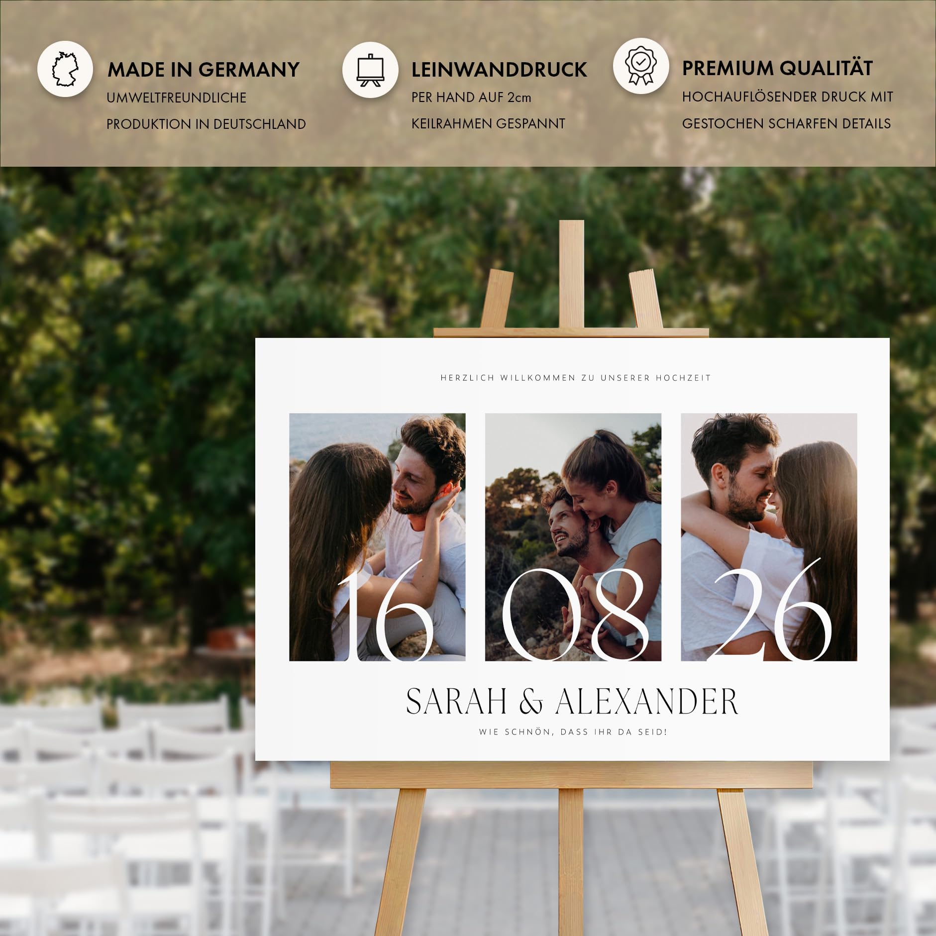 HEI Print Willkommensschild Hochzeit mit eignen Fotos, Namen und Datum, personalisierte Hochzeitsdeko, Willkommen Schild im Querformat, mit Bild, 60x40