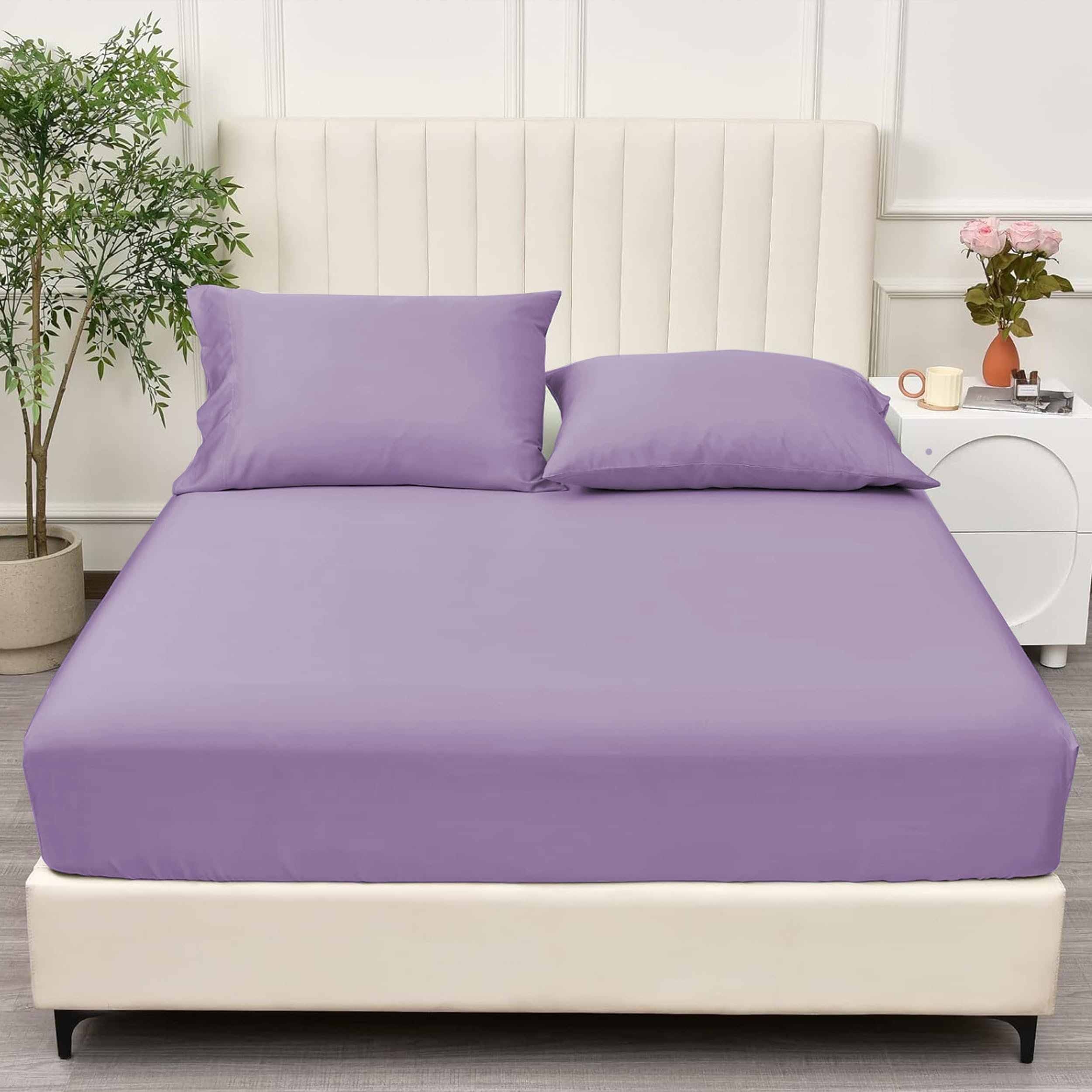 PRIME LINENS Brushed Microfiber Fitted Sheet 30 Cm Deep Pocket Easy Care Bed Sheet Ultra Soft Bottom Sheet Shrinkage & Fade Resistant (Lilac, King)