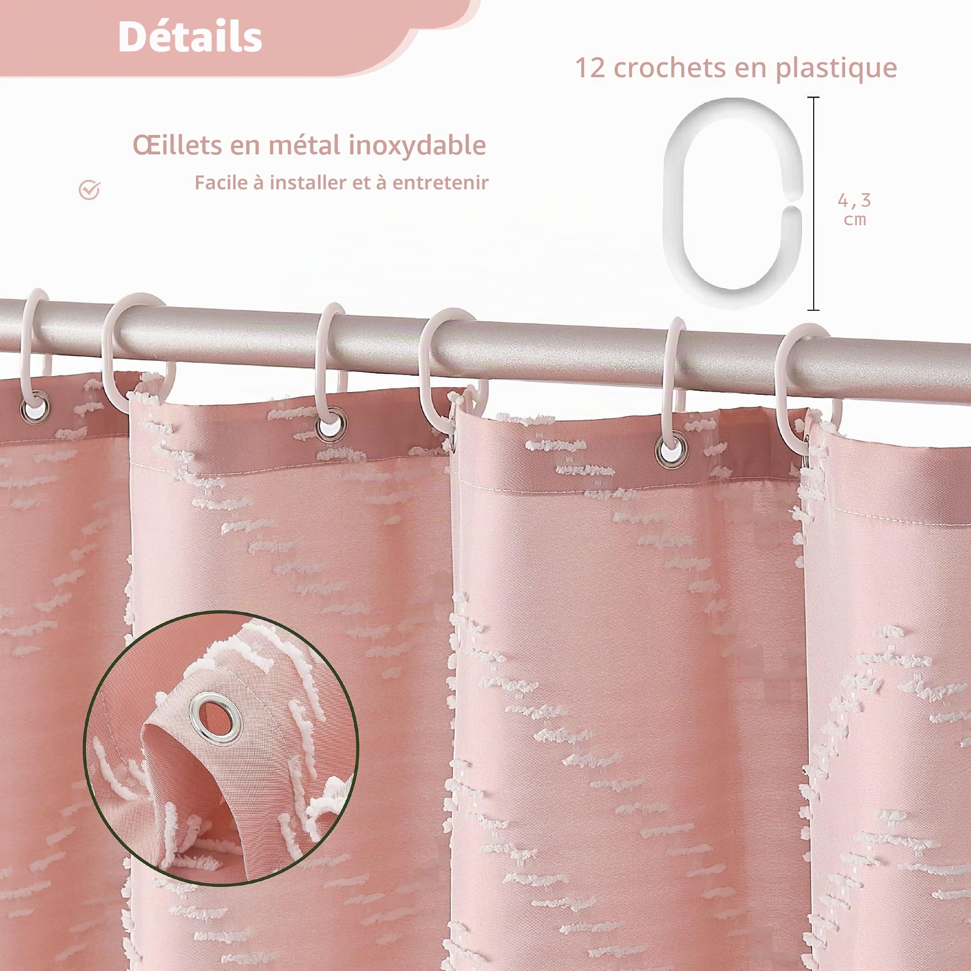 Siiluminisoy Rideau de Douche en Tissu tissé à Pampilles de Style bohème Moderne texturé touffeté à Rayures pour Salle de Bain, 183 x 183 cm, Rose