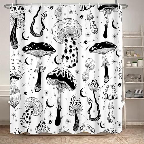 Miniatura 22 de Blue Mushrooms - Cortina de ducha de baño, estilo retro de los años 70 y 60, estilo bohemio hippie floral, lavable, tela duradera, decoración del