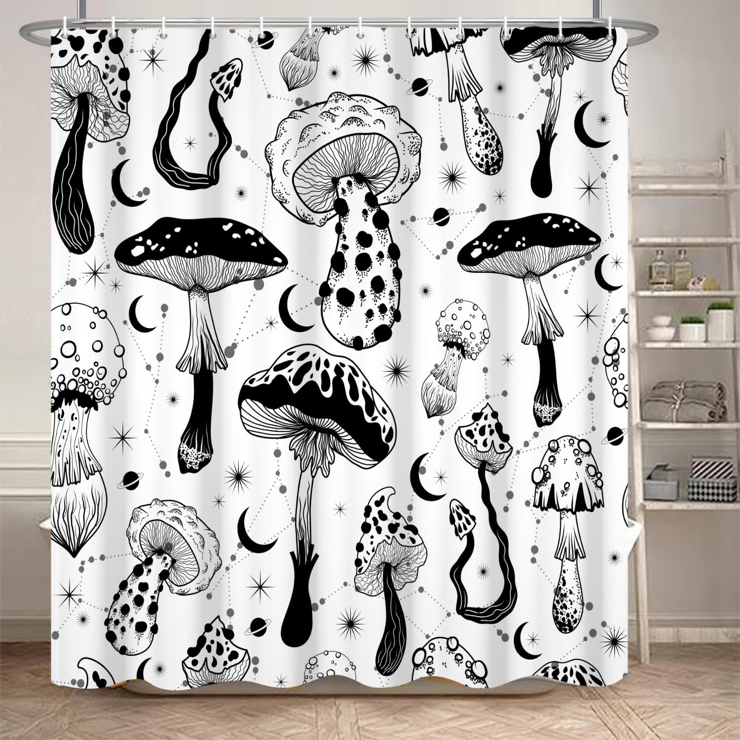 Mushrooms Bathroom Shower Curtain Psychedelic Retro 70s 60s Hippie Black and White Washable Durable Fabric Home Decorative Shower Curtain with Hooks, 69x70 Inch