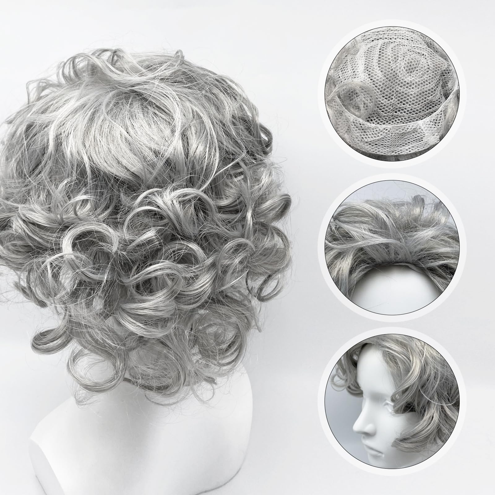 FUIPVGI Set per travestimento da vecchia signora, set di parrucca grigia con parrucca da nonna, occhiali con kit di accessori per catena, cuffia per parrucca per Halloween, Giornata mondiale del libro