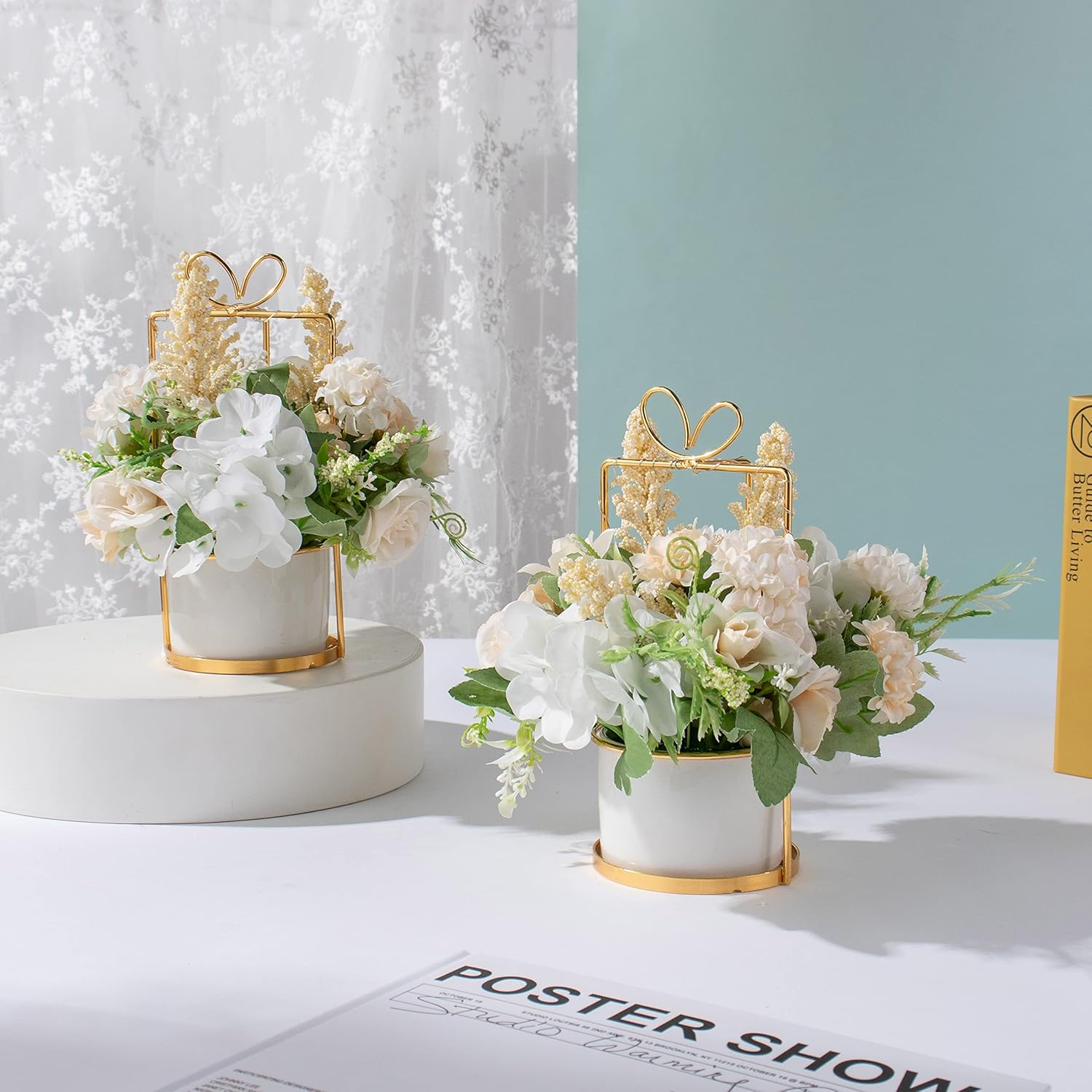 BEGONDIS Set of 2 LED Artificial Flowers Potted Fake White Flowers Hanging Potted Plants for Home Living Room Office Party Decor Decoration
