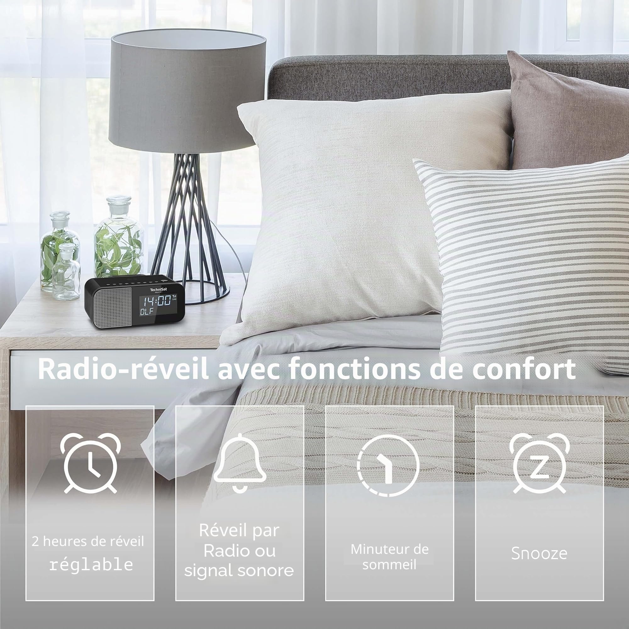 TechniSat Viola CR 1 - Dab+ Radio-réveil avec Chargement sans Fil | Dab, FM, Deux alarmes, Snooze, Mise en Veille, Fonction de Charge USB, Prise Casque, 3,3 W, écran 3,5", Bloc d'alimentation