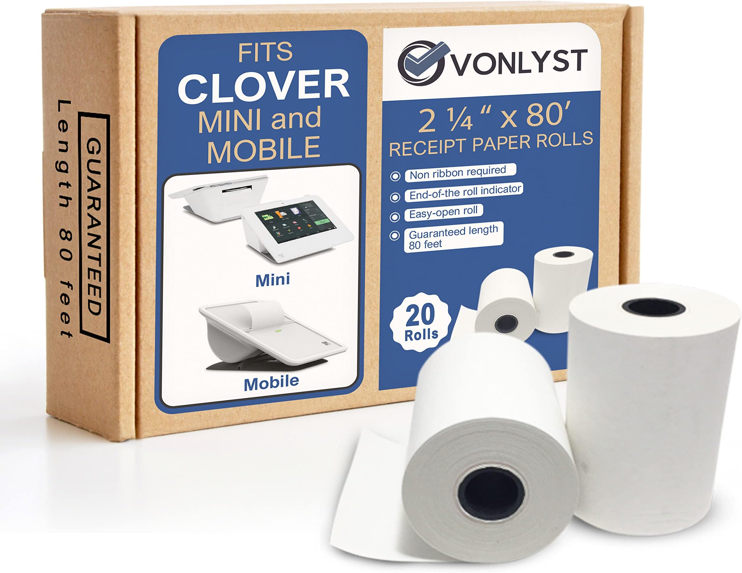 Thermal Receipt Paper Rolls for Clover Mini & Clover Mobile – 2 1/4” x 80’ BPA Free Credit Card Machine Paper Compatible with C200 C300 C301 C302 C302U C305 – POS Printer Paper, 20 Rolls
