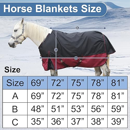 1200D Ripstop Waterproof Breathable Horse Blanket, Medium Weight 200g Fill, Standard Neck, Large Tail Flap, Windproof Warm Winter Turnout Blanket for Horses Greenblack 69"(Black/Wine,69")