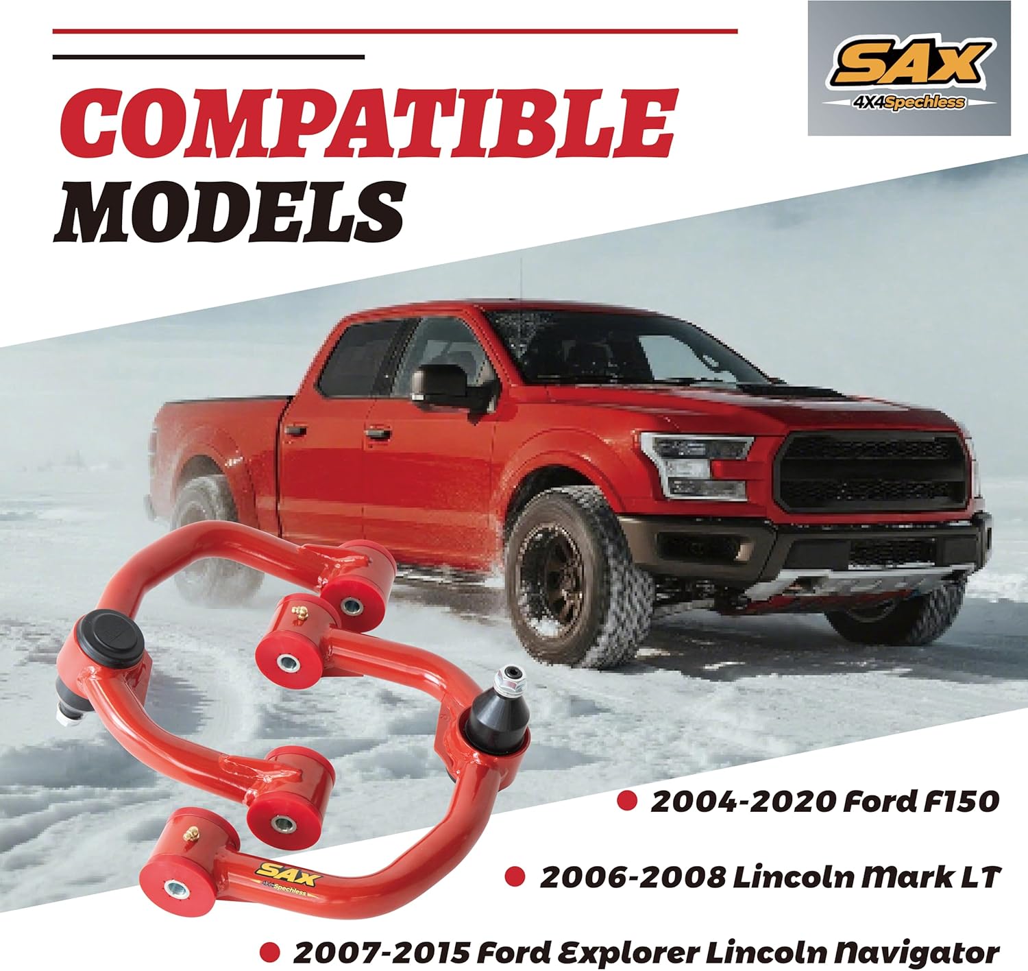 2-4" Front Upper Control Arms for 2004-2020 Ford F150, 2006-2008 Lincoln Mark LT, PU Bushed Red Tubular Arms with Ball Joints