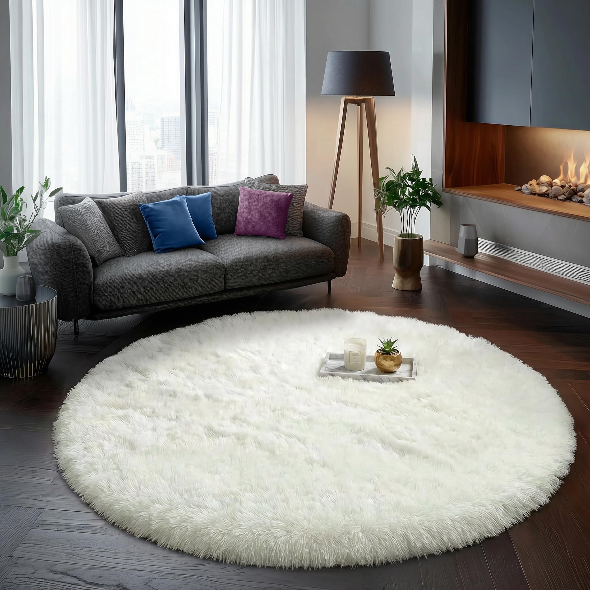 Amdrebio Ivory White Large Round Rug 8Ft for Kids Bedroom Aesthetic, Fluffy Fuzzy Furry Circle Area Rugs for Living Room, Big Plush Soft Shaggy Cream Carpet for Apartment Baby Nursery Teen Girls Boys โ image 1