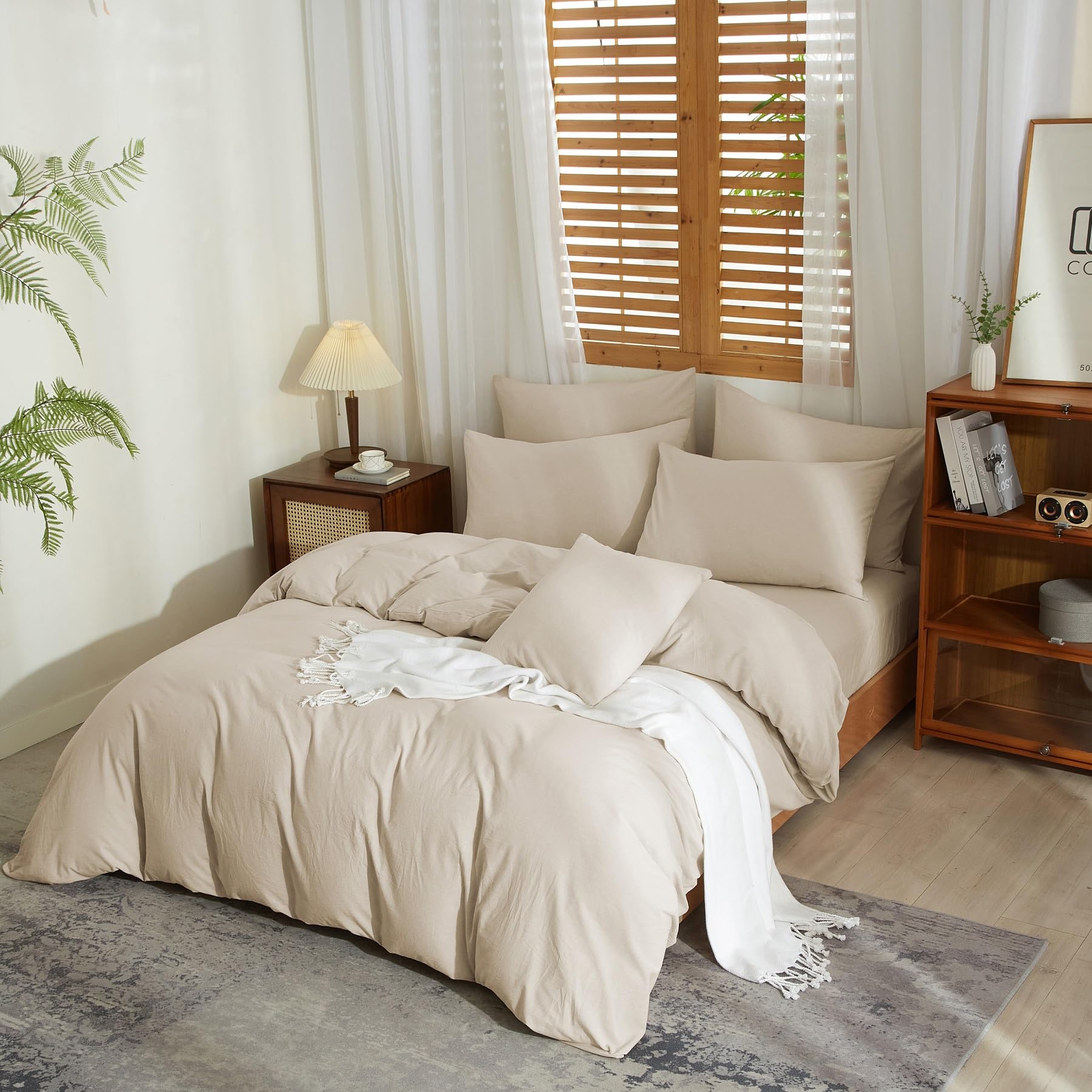 Housse de Couette Demi-Lin 140x200 Beige Parure de Lit Mélangé Doux Respirant Douillet Coton Lin Linge de Lit 1 Personne avec Fermeture Éclair et Taie d'oreiller 65x65 cm