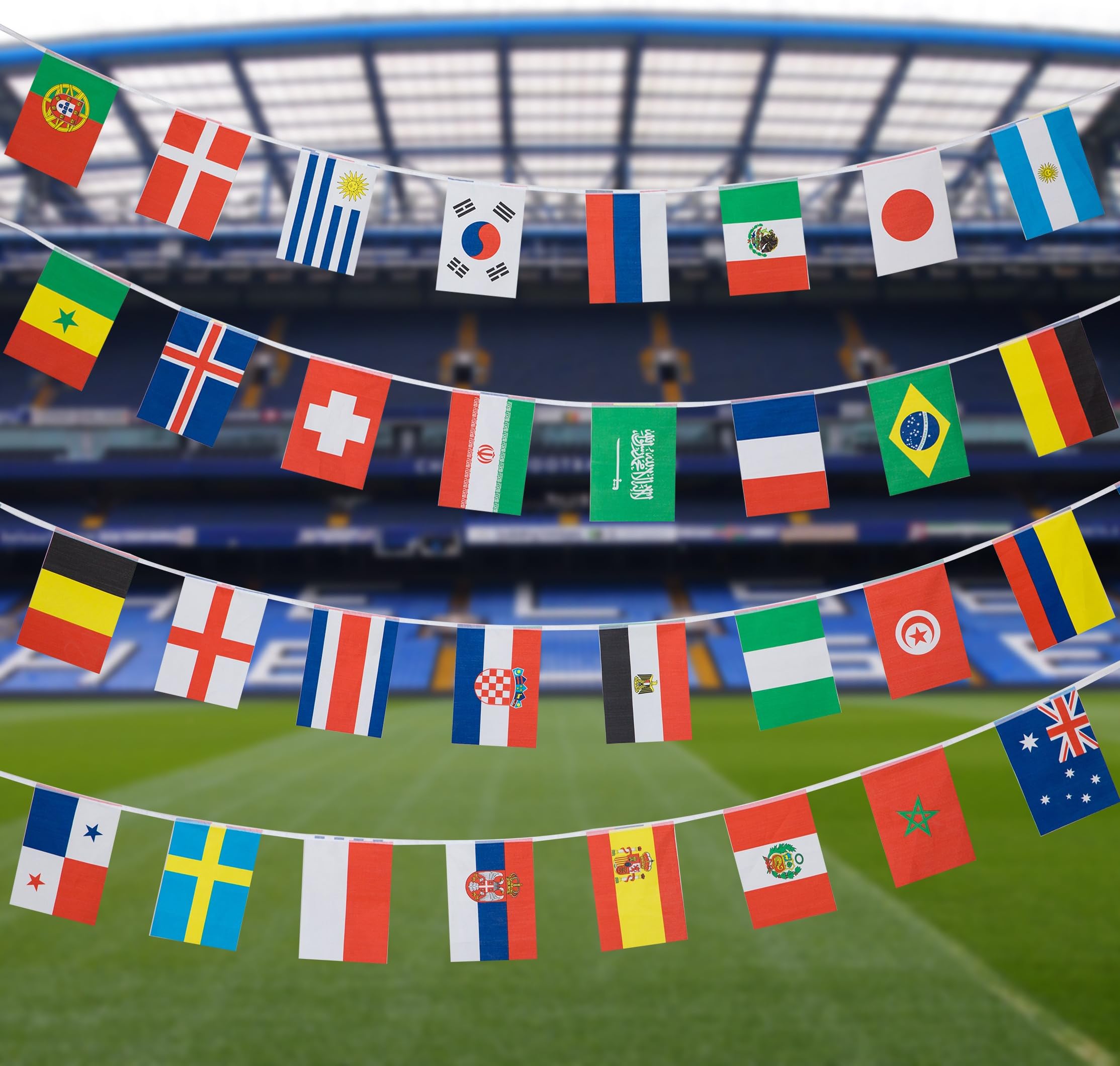 2018 World Cup Russia Bunting Soccer Flag Football String Flags - 9M long, Indoor and Outdoor use. Printed to both sides, 32 flags of competing countries (8.2''L x 5.3''W)