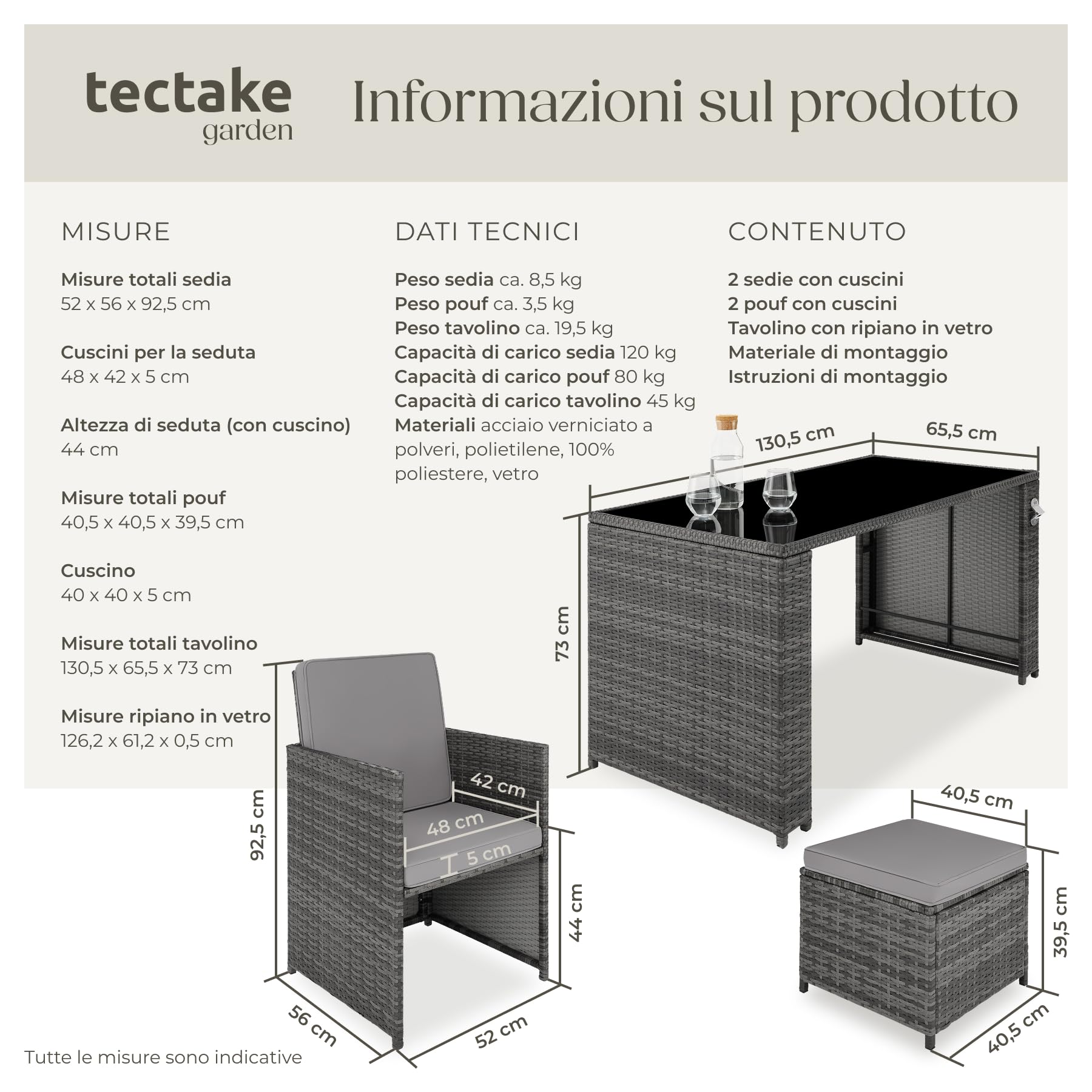 Tectake Salottino Rattan Palermo Set Sedie Cuscini Tavolino Vetro Grigio