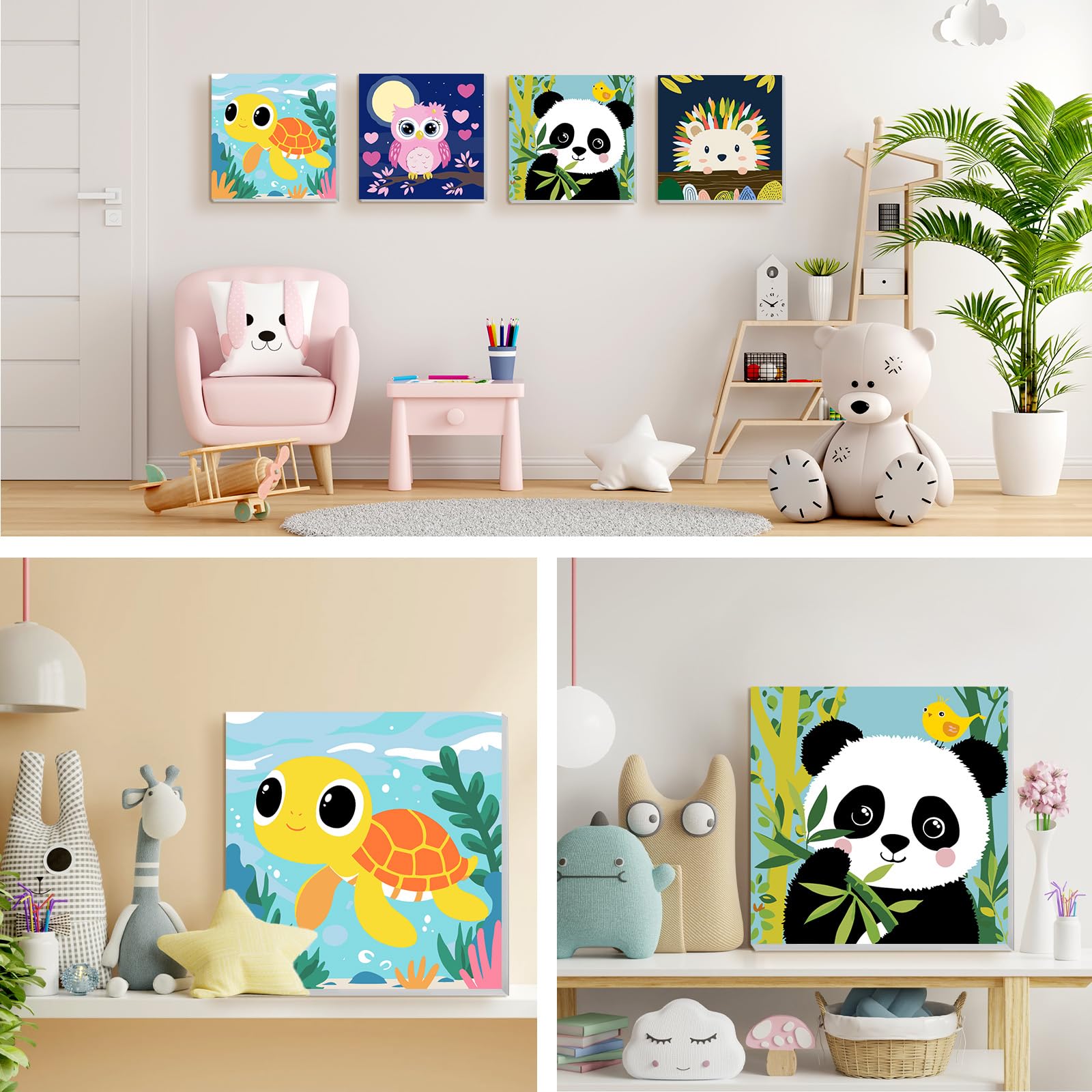 MXJSUA Mignonne Tortue De Dessin Animé Lot De 4 Kits De Peinture Par Numéros Pour Enfants Avec Cadre Pour Âges 6-12, Peintures À L'Huile Acryliques Pour Décoration Maison 20x20cm