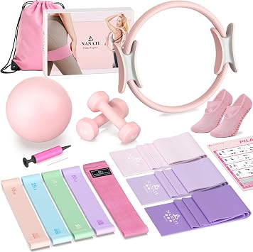 NANATI Pilates Kit, Home Pilates Workout Kit for Women, Pilates Equipment with 14.5" Pilates Ring and Ball, Resistance Bands, Dumbbells & Grip Socks for Home Workouts
