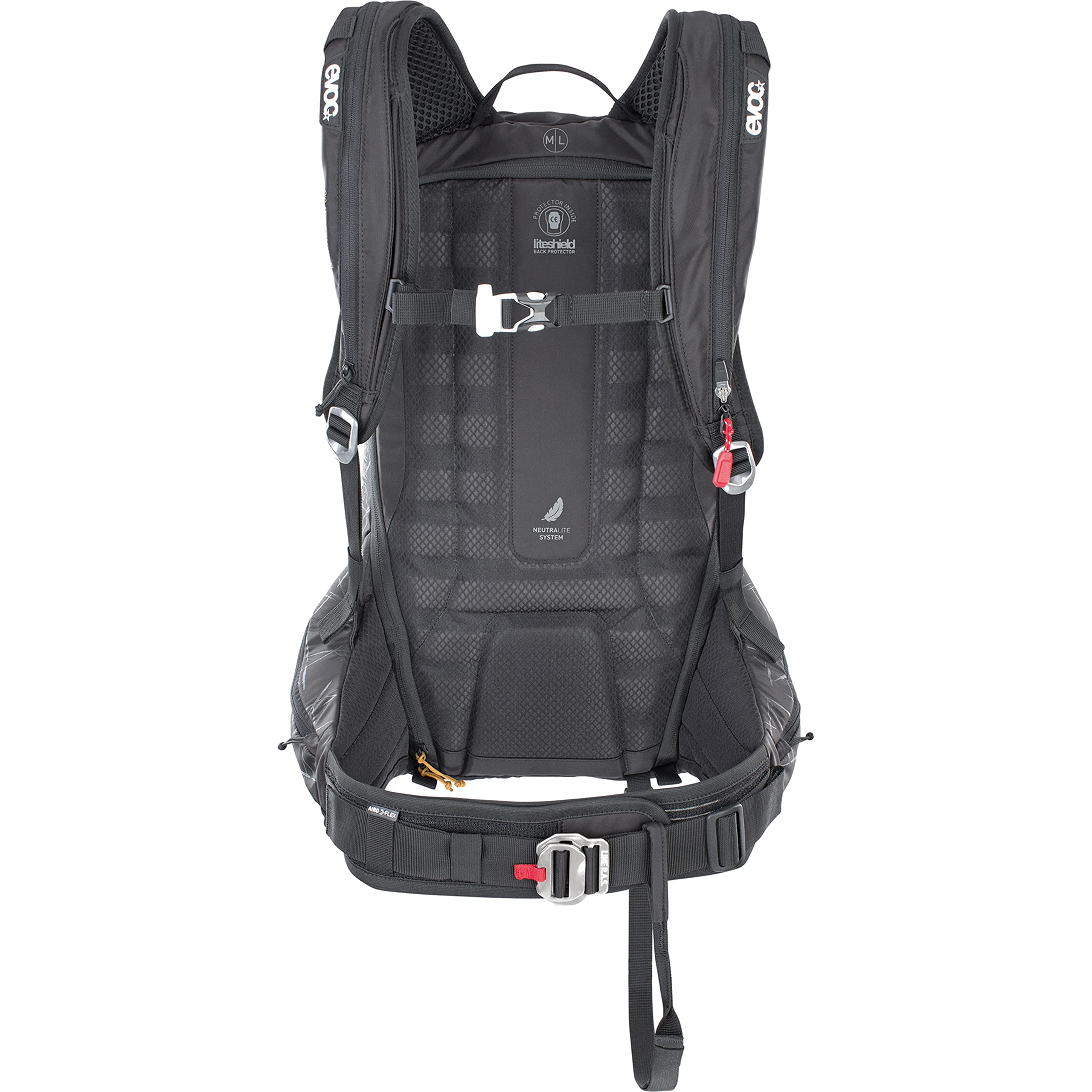 EVOC LINE R.A.S. PROTECTOR 32 Lawinen-Airbag-Rucksack, Skirucksack (NEURALITE SYSTEM, Hüftflügel mit Reißverschlusstaschen, Trinkblasenfach 3l, PROTECTOR CRASH REPLACEMENT, Größe: M/L), Schwarz