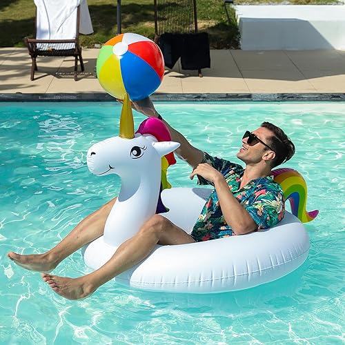 Miniatura 2 de PARENTSWELL Flotadores inflables de unicornio y flamenco de 43 pulgadas, paquete de 2 flotadores de tubo de piscina con 2 bolas de playa, tubos