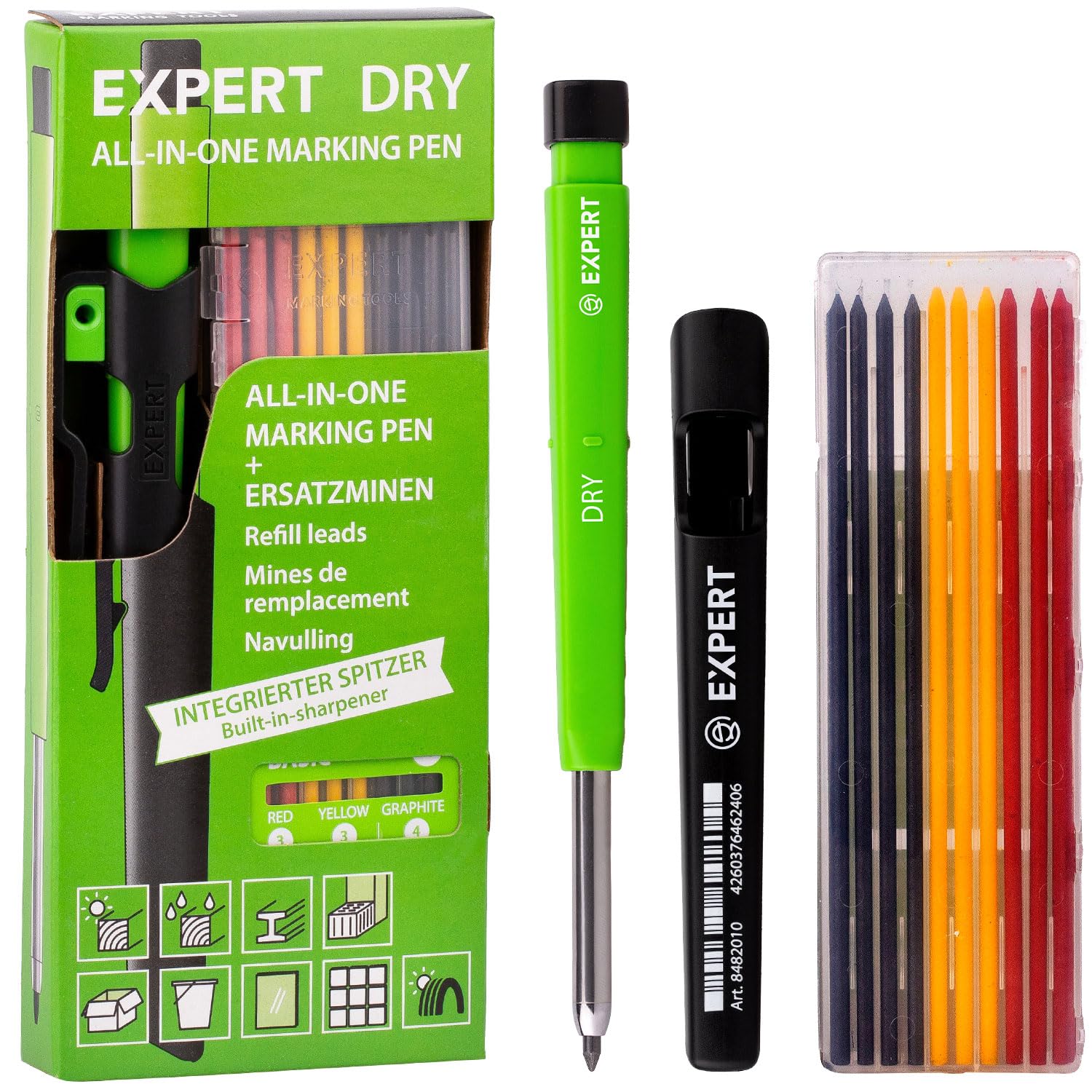 Zimmermannsbleistift JEYEFFE - Mit 7 Minen & Anspitzer Für Holz & Metall