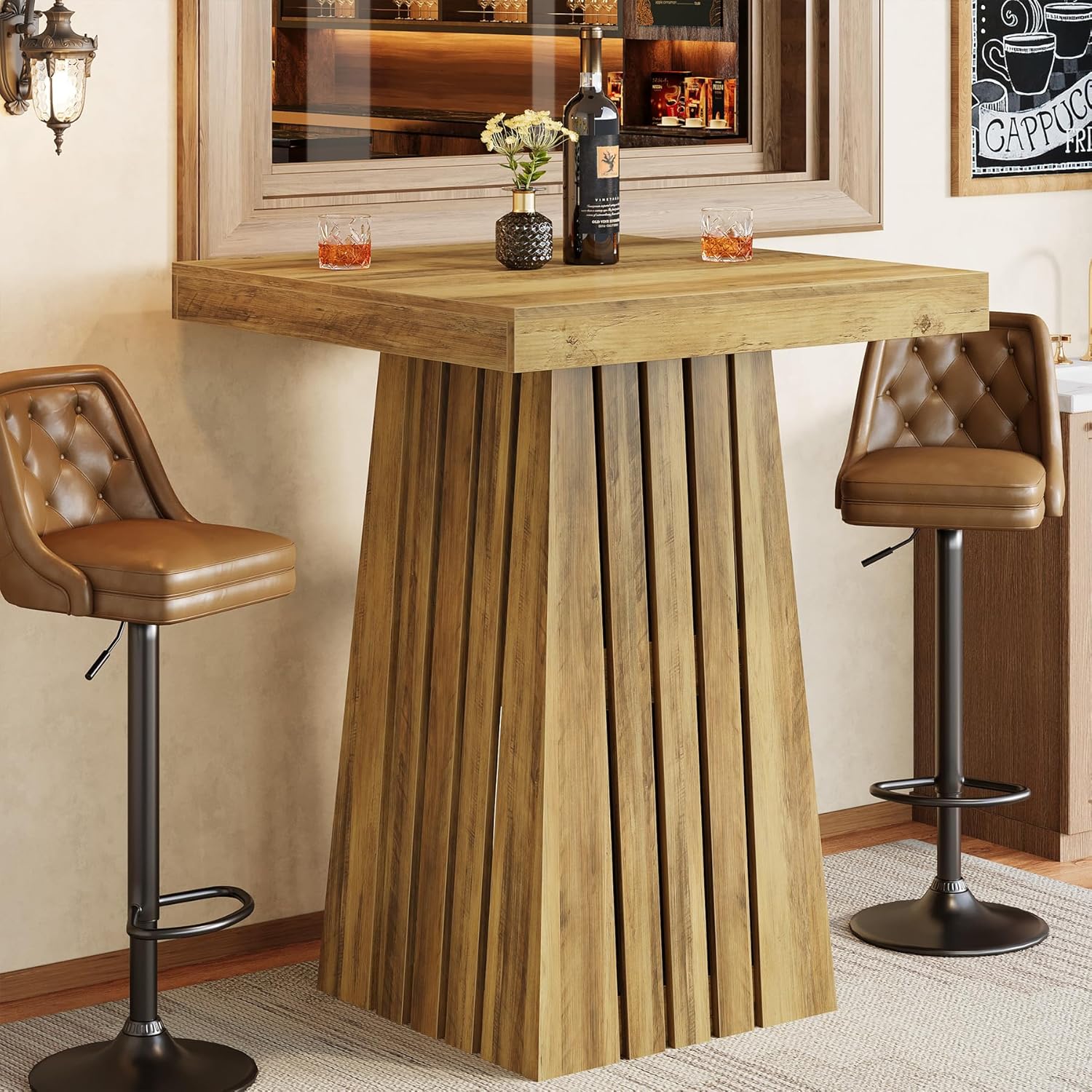 Tribesigns Bar Table, 37.4" High Square Pub Table for Dining Room, Kitchen, Cocktail, Coffee, Living Room, Small Space, Brown