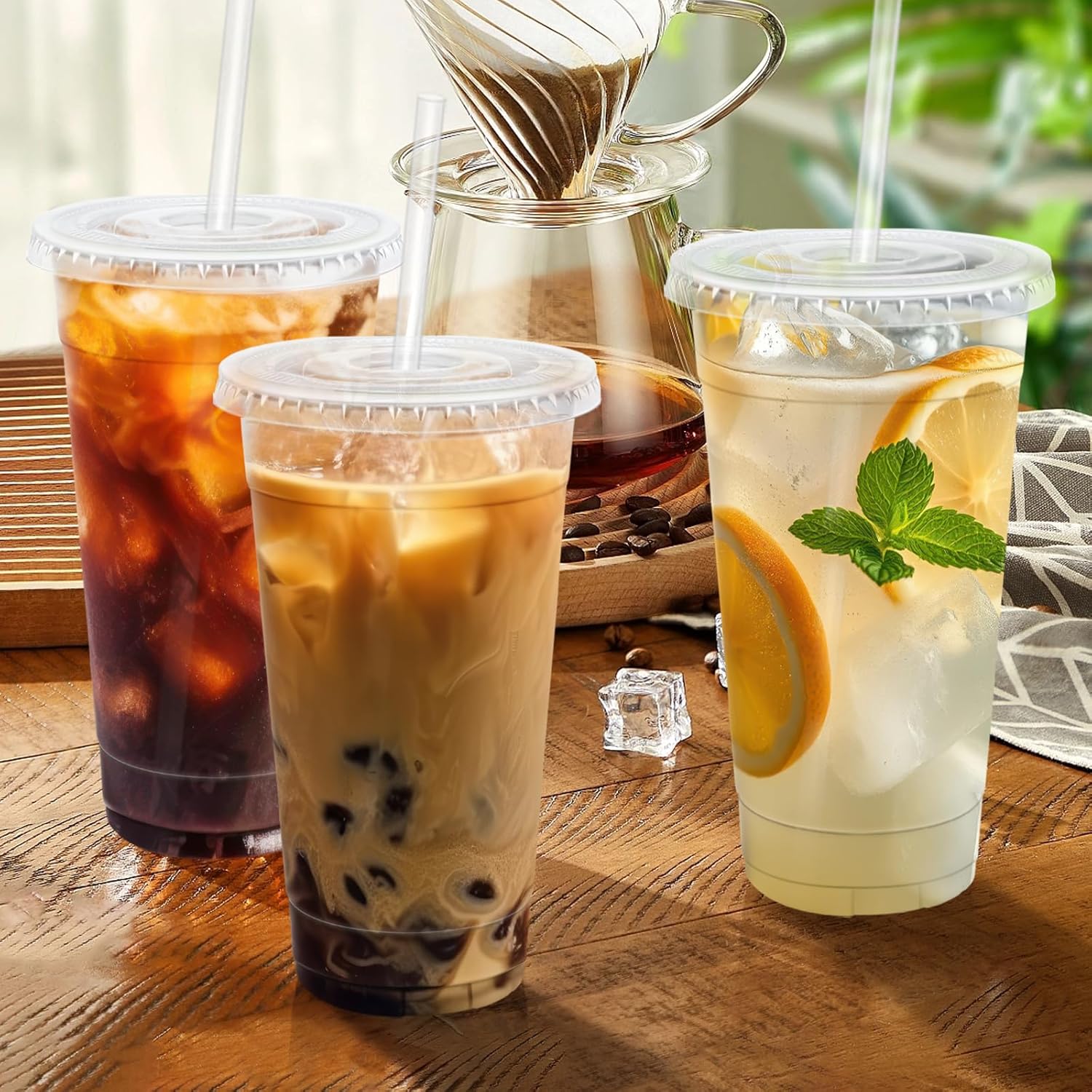 Lamosi 100 Pack 24 oz Clear Plastic Cups with Lids and Straws, Disposable Iced Coffee Cups with Lids for To-Go Cold Drinks, Smoothies and Slushie