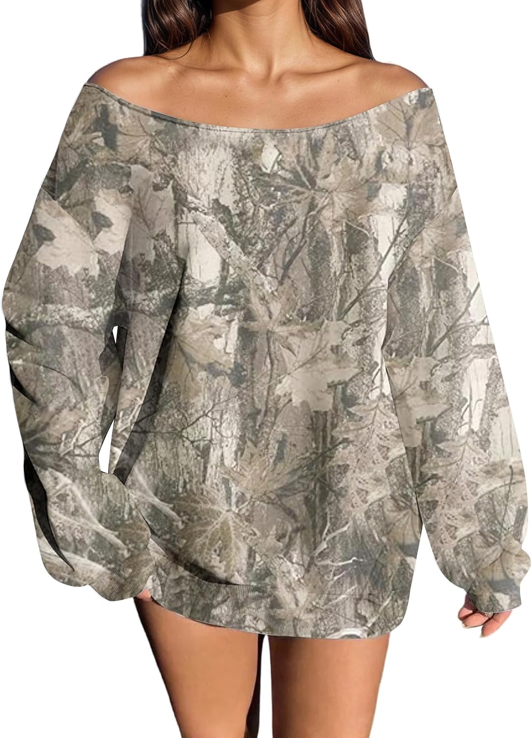 Ythomm Womens Camo Oversized Sweatshirts Off Shoulder Fleece Tops Long Sleeve Maple Leaf Print Fall Pullover Sweaters 2025