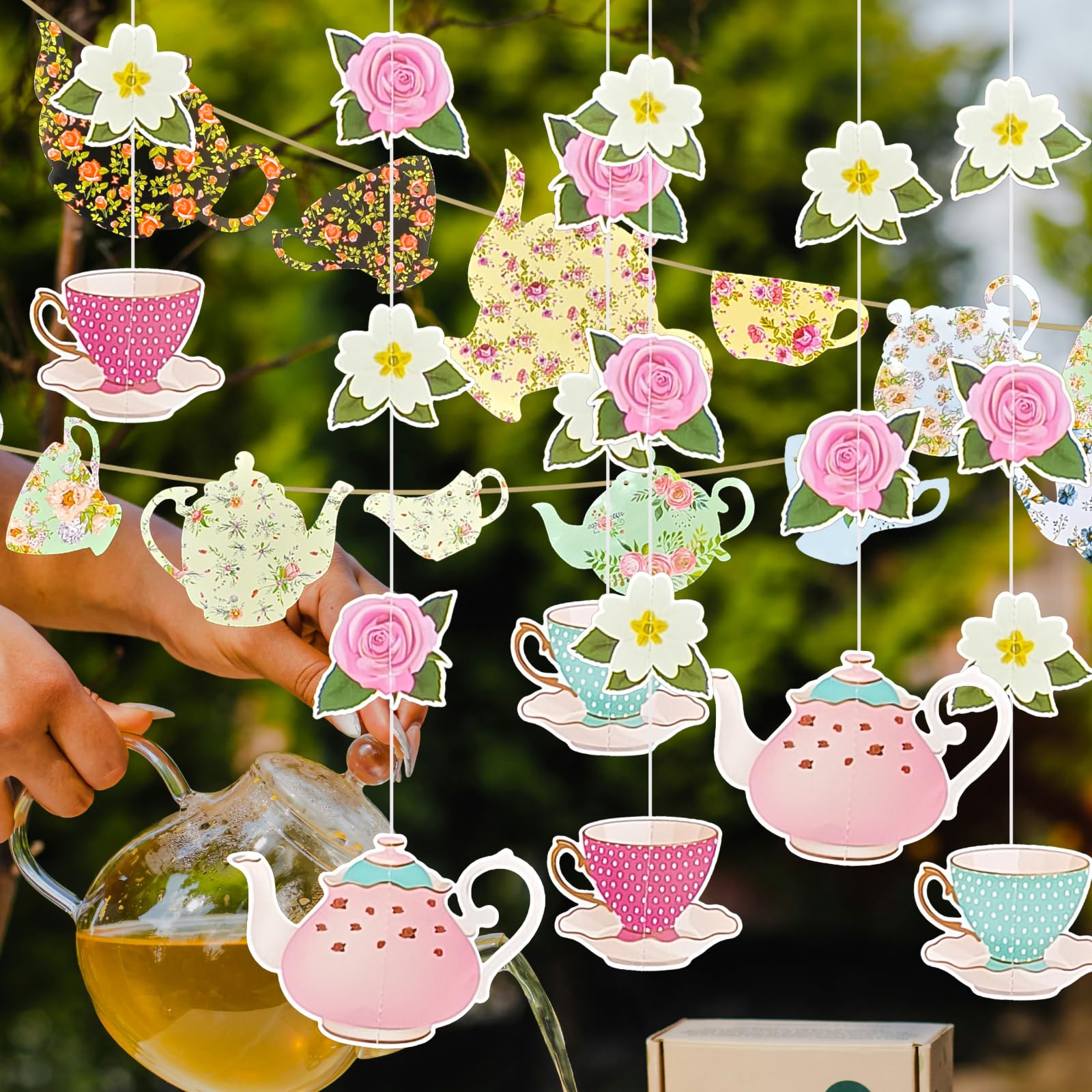 Floral Talking Party Decorations Banner - Tea Cup Banner and 6pcs Teapot Accessories for Tea Afternoon Party Supplies, Dessert Table, Baby Shower, Birthday, Wedding