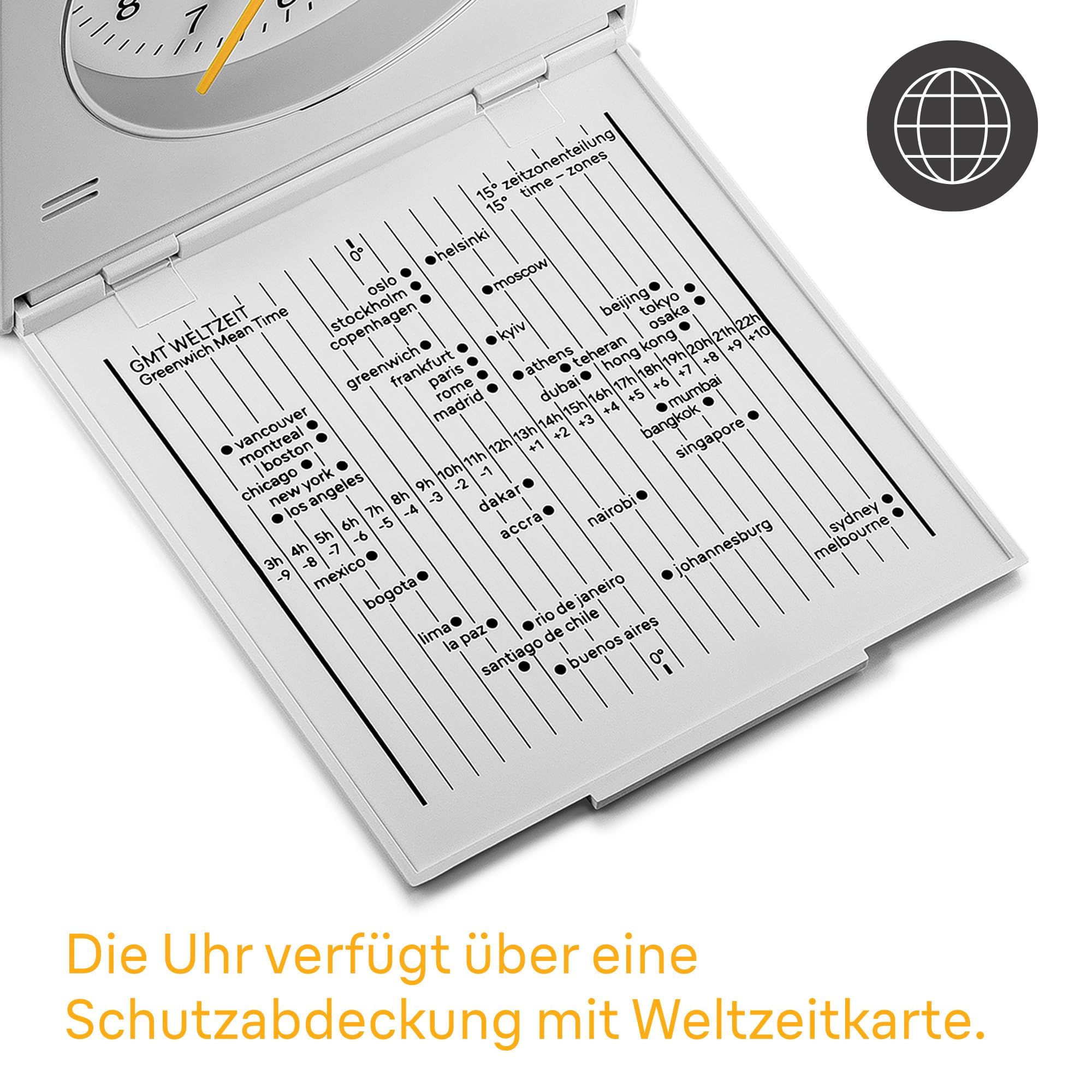 Braun klassischer analoger Reisewecker mit Schlummerfunktion und Licht, Vintage-Design, kompakte Größe, Klappdeckel mit Weltzeitzonenkarte, leises Quarzwerk, Crescendo-Piepton-Alarm in Weiß, BC05W.