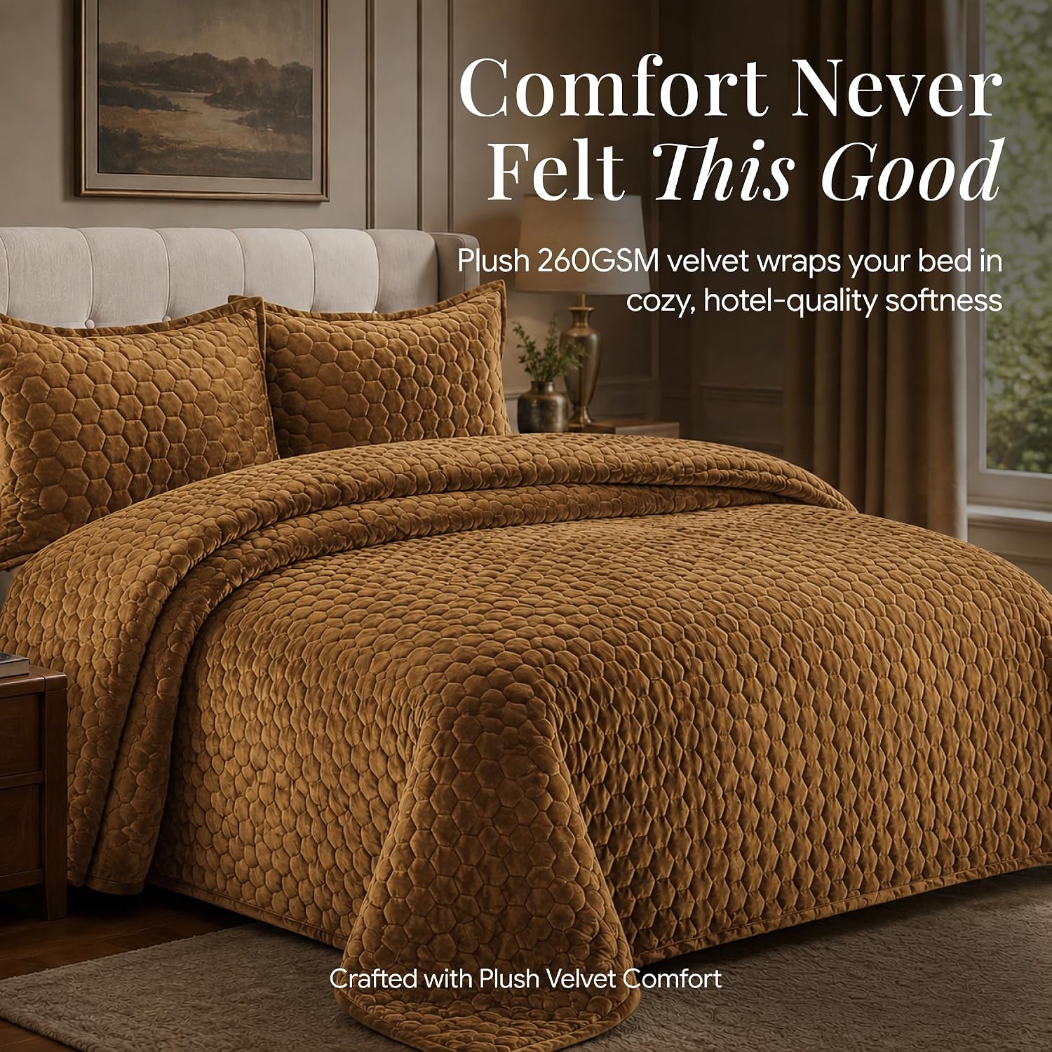 Tribeca Living Lugano Oversized Velvet Quilt Set - All Season, Extra Large, 2 Piece Twin Size Comforter Set with 1 Pillow Sham in Camel Honeycomb Pattern 260GSM