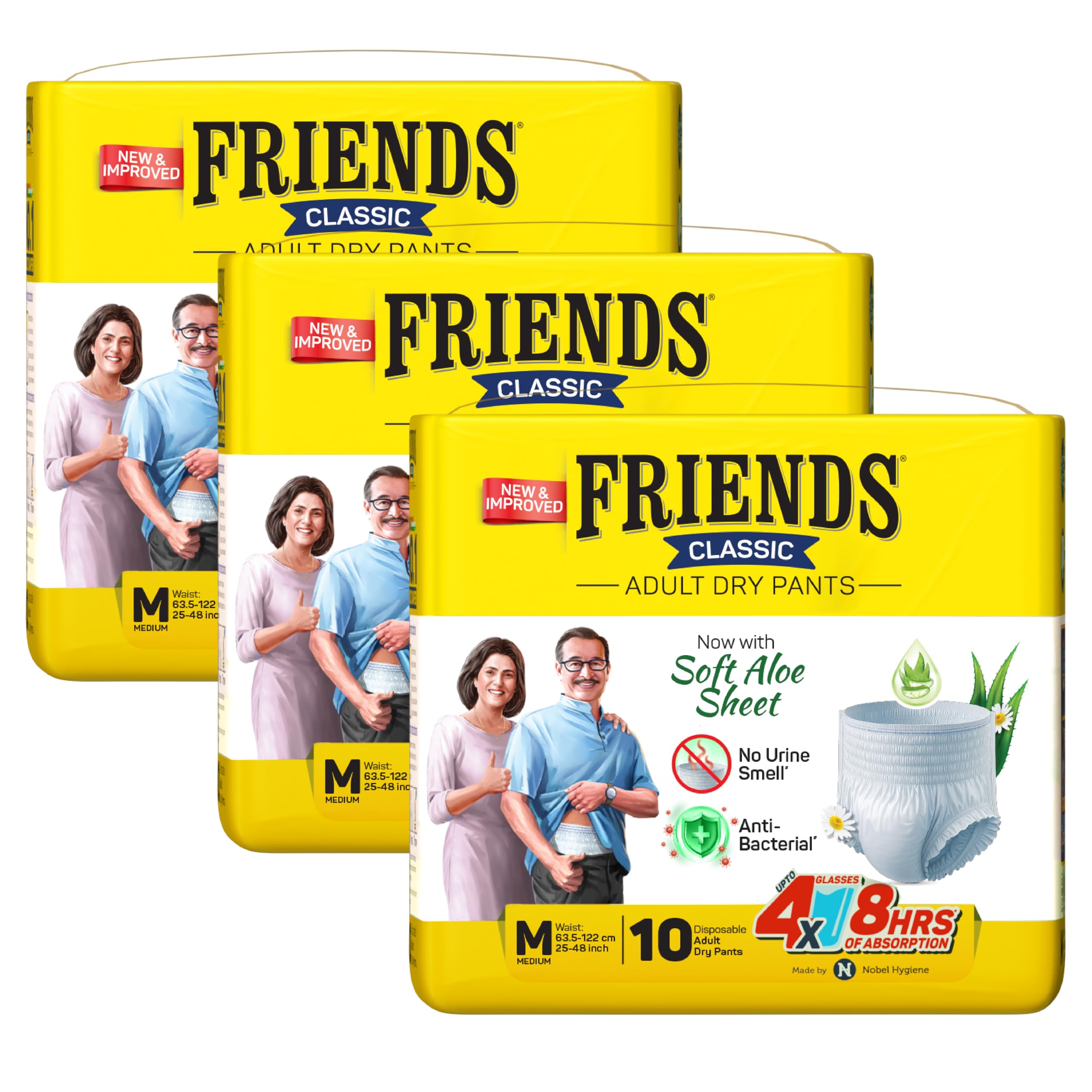 Friends Classic Adult Diaper M Size Pants | 30 Count (Medium) | Waist 25 – 48 inch | Aloe Vera | Unisex | Leakproof | Quick & Even Absorption | Long Protection hours | Brief-Like Fit | Odour Lock | Elastic Waist & Anti-Bacterial Absorbent Core