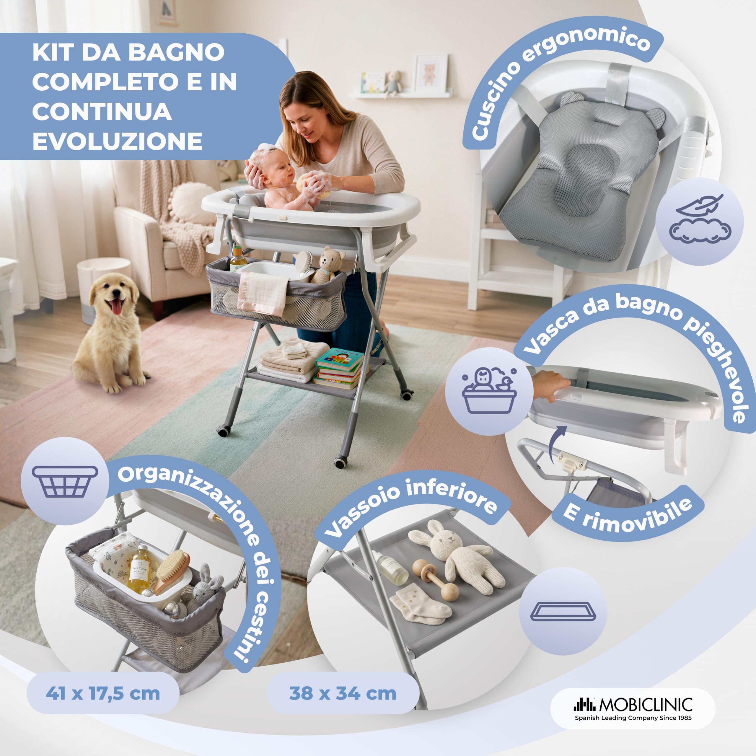 Mobiclinic®, Vaschetta Bagnetto Neonato, con Gambe e Supporto, Altezza Regolabile, Ruote a 360° con Freno, Cuscino Ergonomico, Tubo di Scarico, Cestino e Vassoio, Compatta, Bubba Max